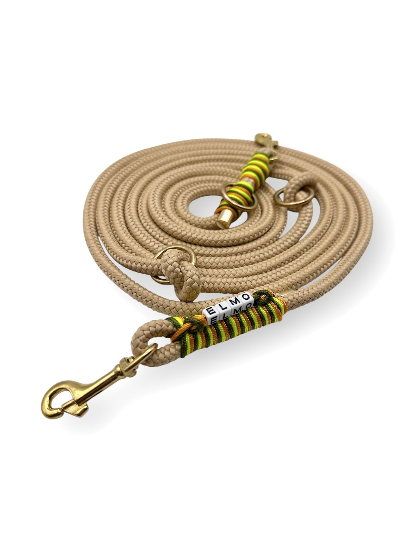 Hundeleine aus 8mm starken Seil Inder Farbe Sand mit grün Pepper, Ultra neon gelb und Fire orange Details 