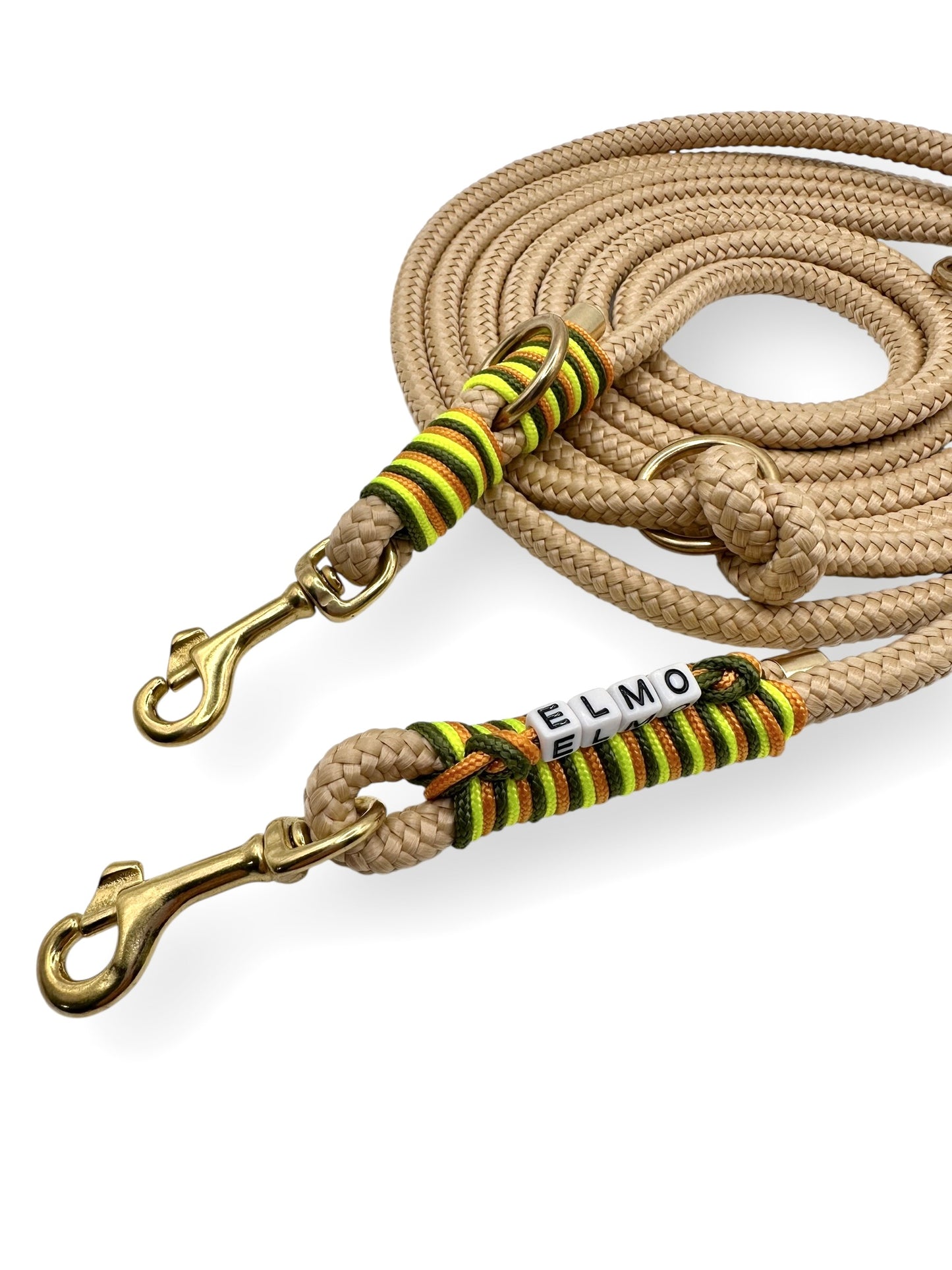 Hundeleine aus 8mm starken Seil Inder Farbe Sand mit grün Pepper, Ultra neon gelb und Fire orange Details - Umwickelung 