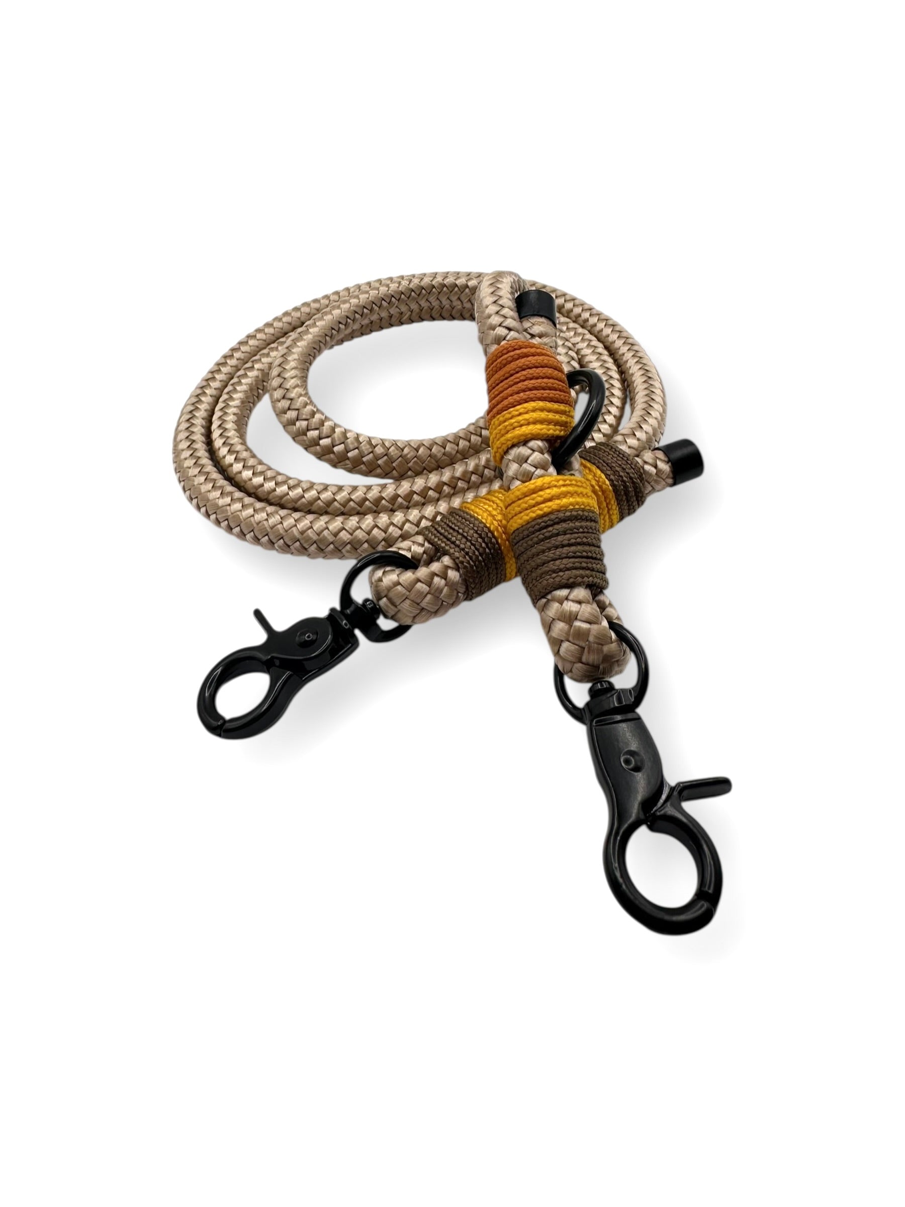 Hundeleine aus Tau in beige mit herbstlichen Details In den Farben orange, Khaki und gelb. Personalisierbar und anpassbar an alle hundegrößen.