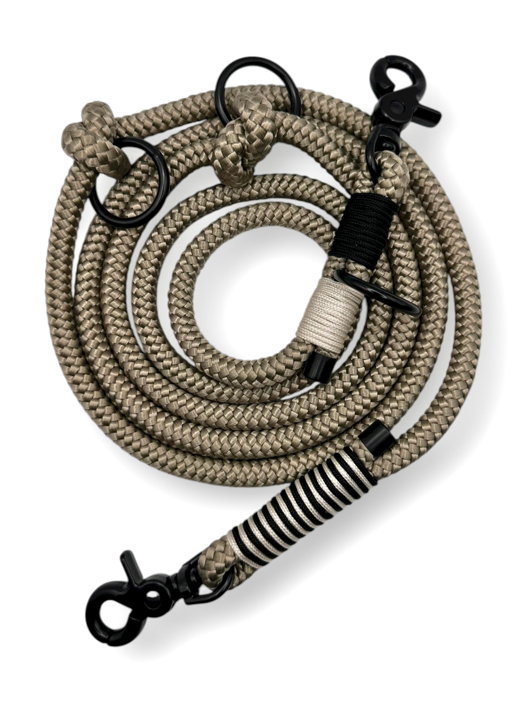 Hundeleine aus 10mm starken Tau in der Farbe gab mit beigen und schwarzen Details. Draufsicht