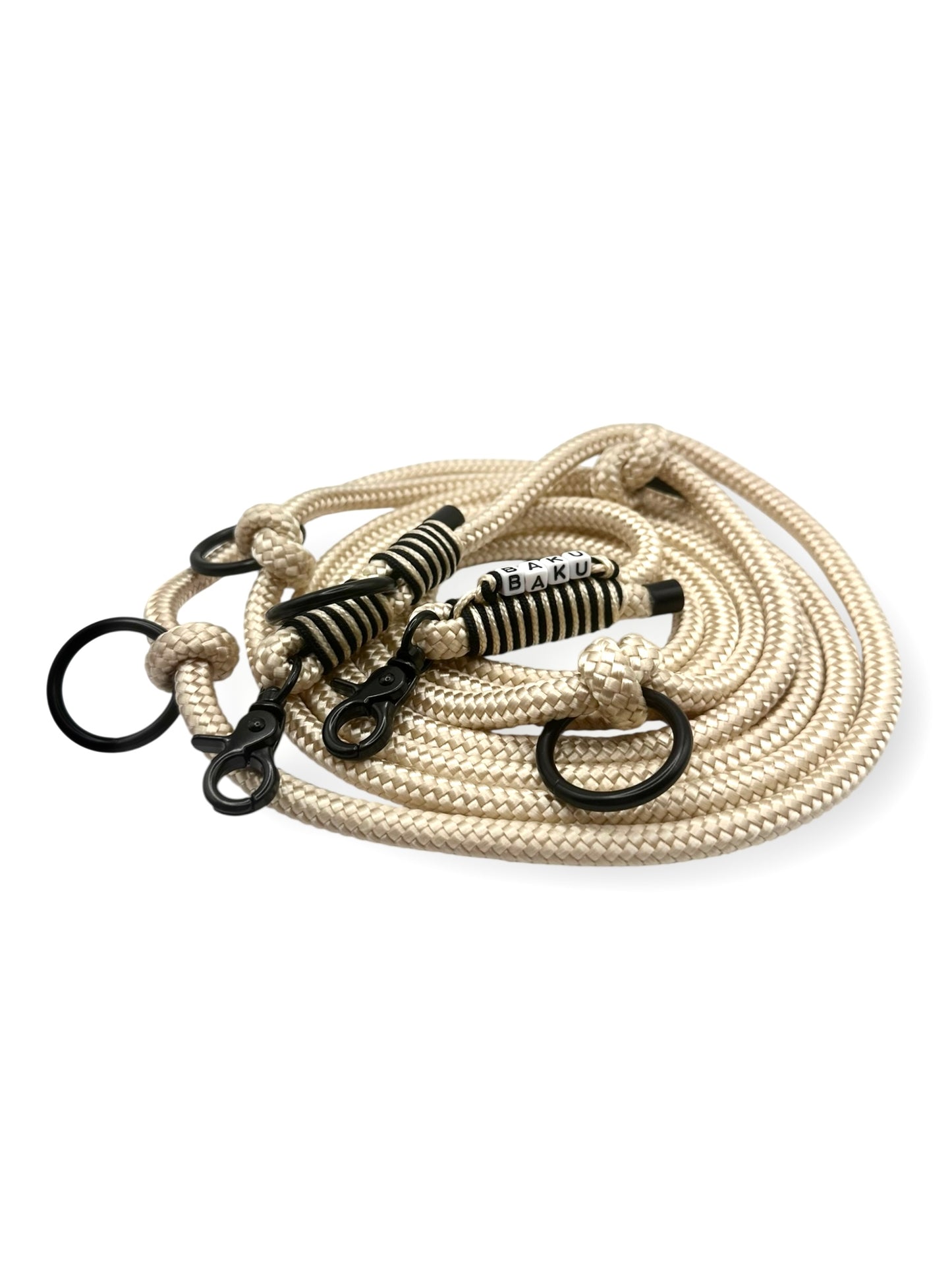 Hundeleine aus 8mm starken Tau in der Farbe Shiny Gold mit cream und schwarzen Details - draufsicht