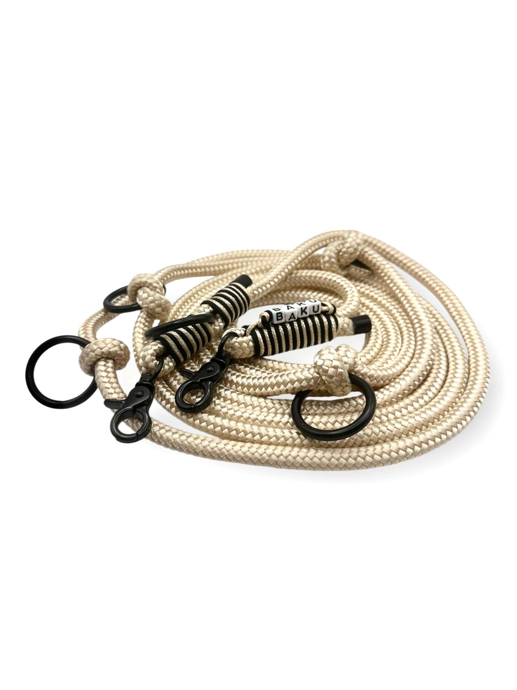 Hundeleine aus 8mm starken Tau in der Farbe Shiny Gold mit cream und schwarzen Details - draufsicht