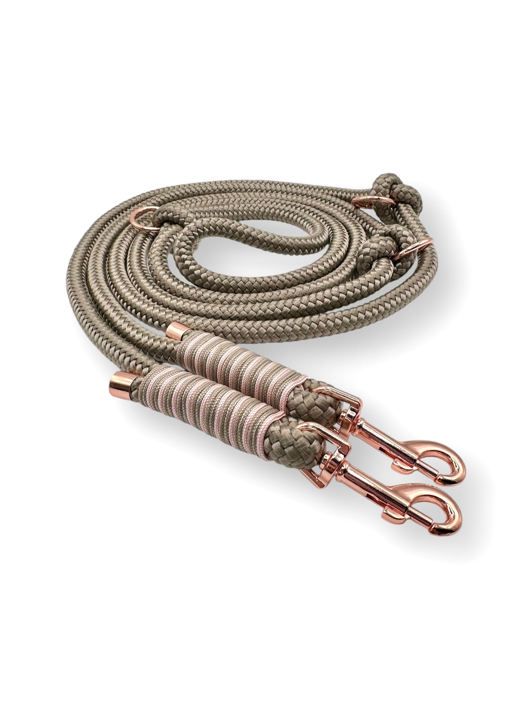 Hundeleine aus 10mm starken Tau in der Farbe tan mit bluse rosa und mocca Details Draufsicht