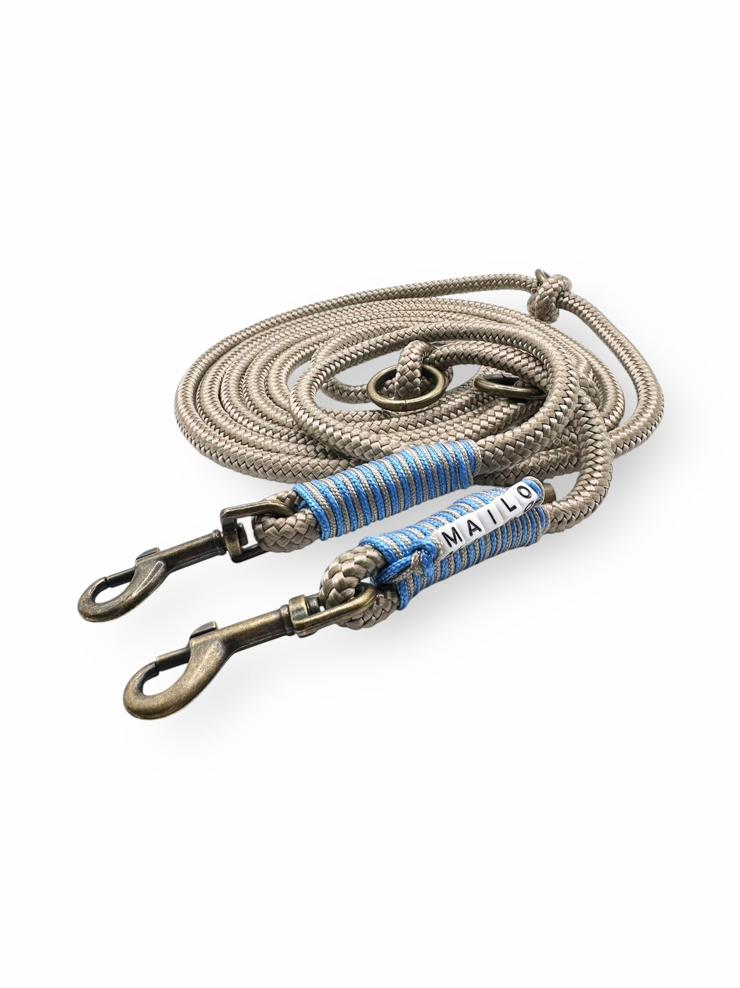 Hundeleine aus Tau in tan mit dark baby blauen Details aus 8mm starken Seil 