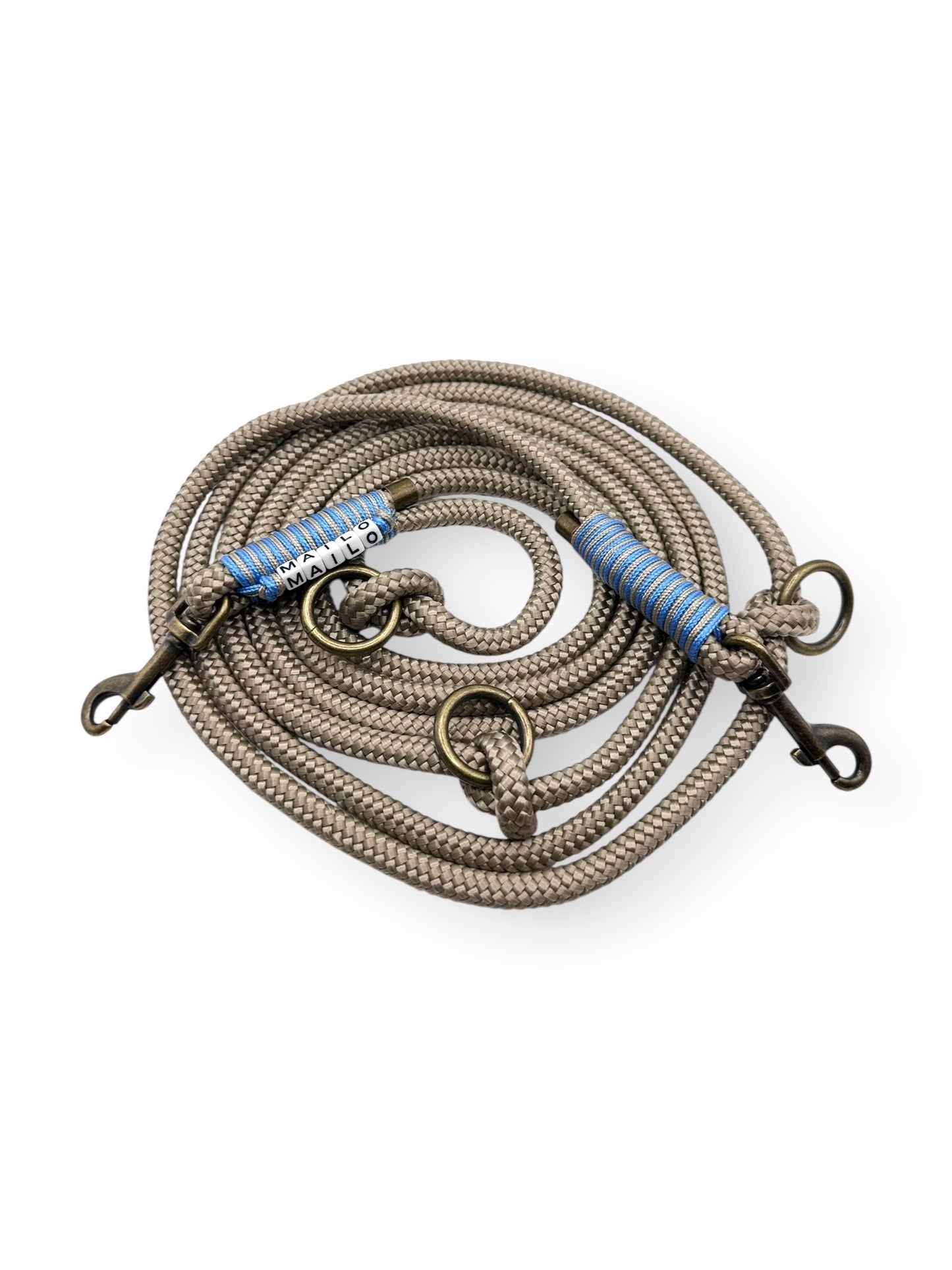 Hundeleine aus Tau in tan mit dark baby blauen Details aus 8mm starken Seil - Draufsicht