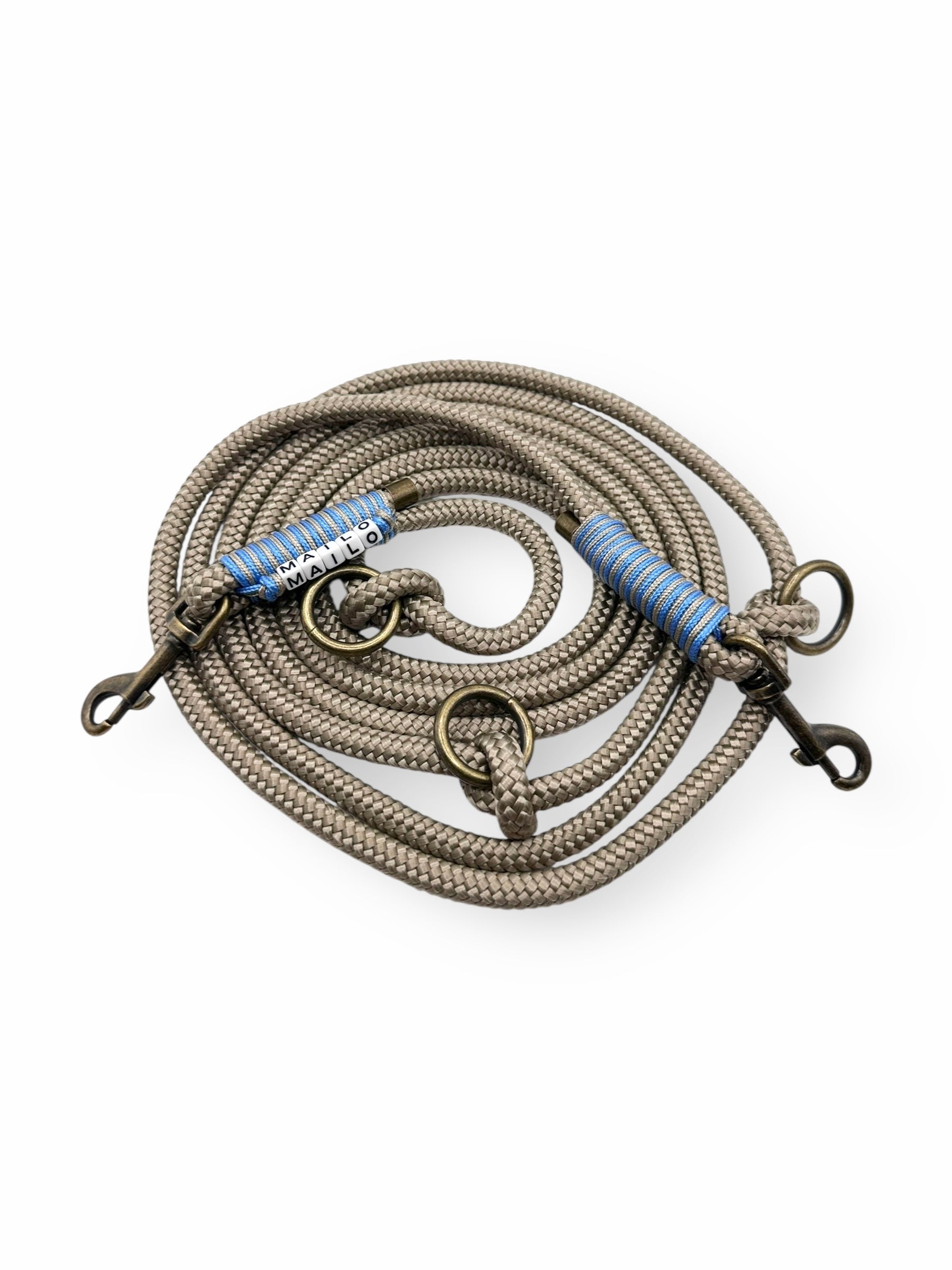 Hundeleine aus Tau in tan mit dark baby blauen Details aus 8mm starken Seil - Draufsicht