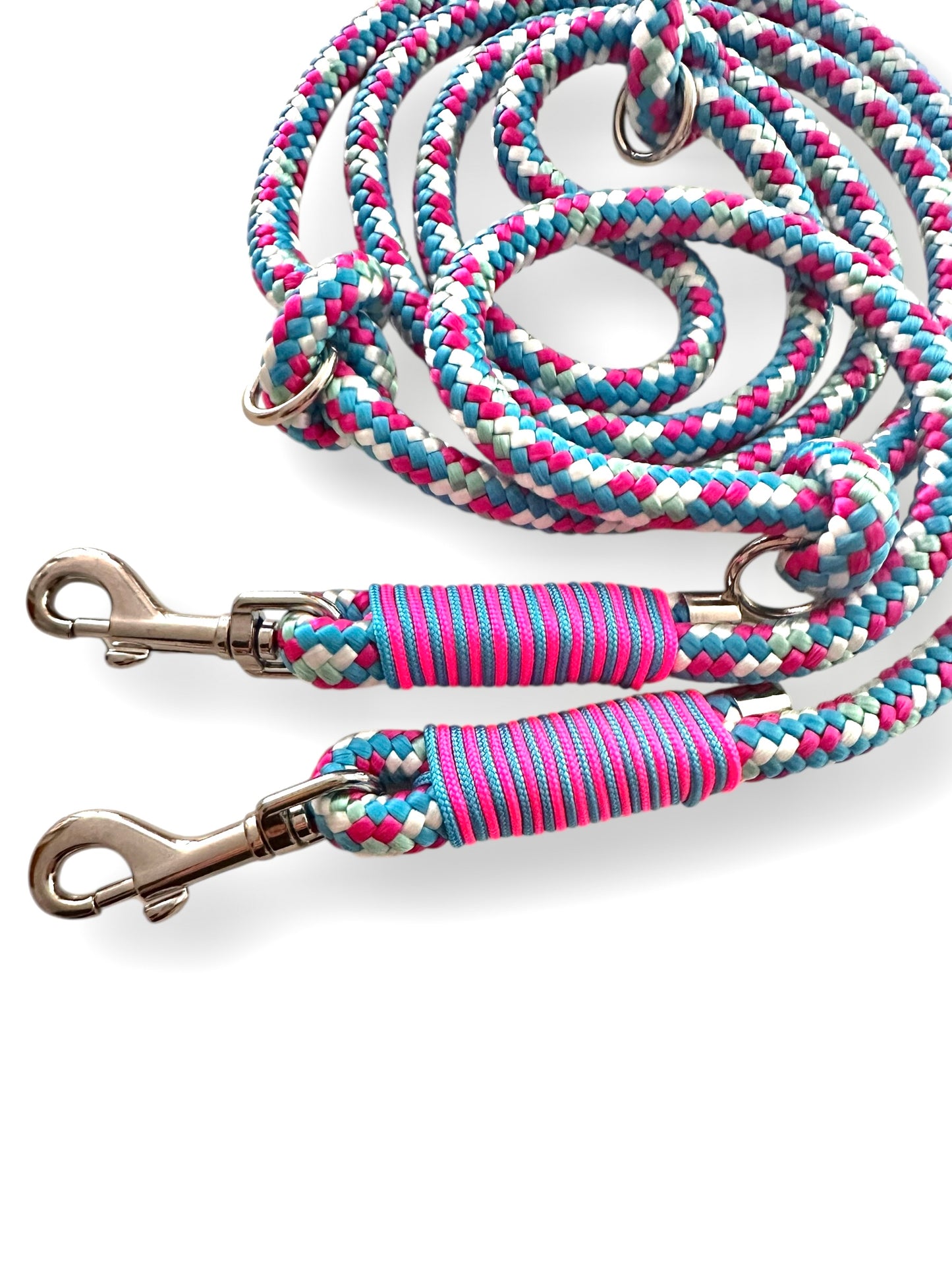 Hundeleine aus 10mm dickem Tau in den Farben rosa, blau und grau, Unicorn mit silbernen Details - Karabiner