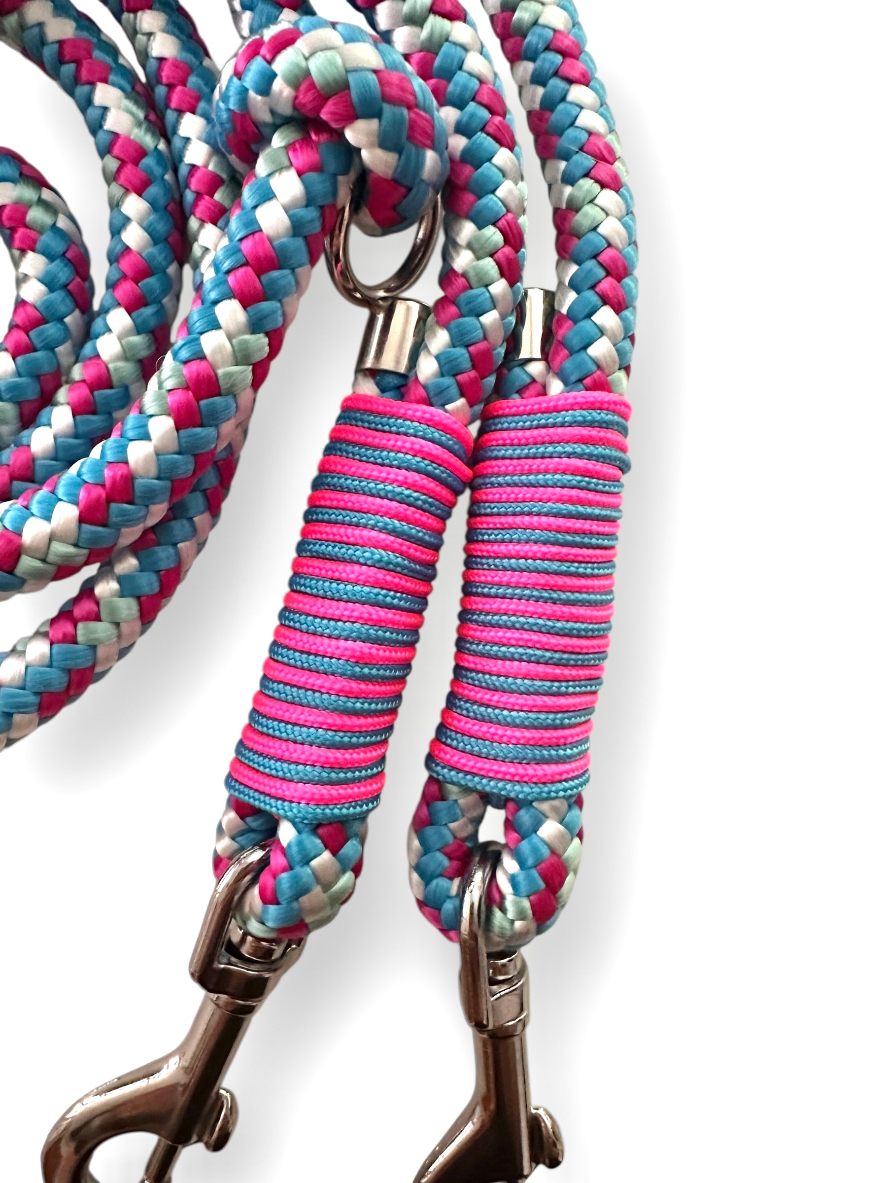 Hundeleine aus 10mm dickem Tau in den Farben rosa, blau und grau, Unicorn mit silbernen Details - Umwickelung 