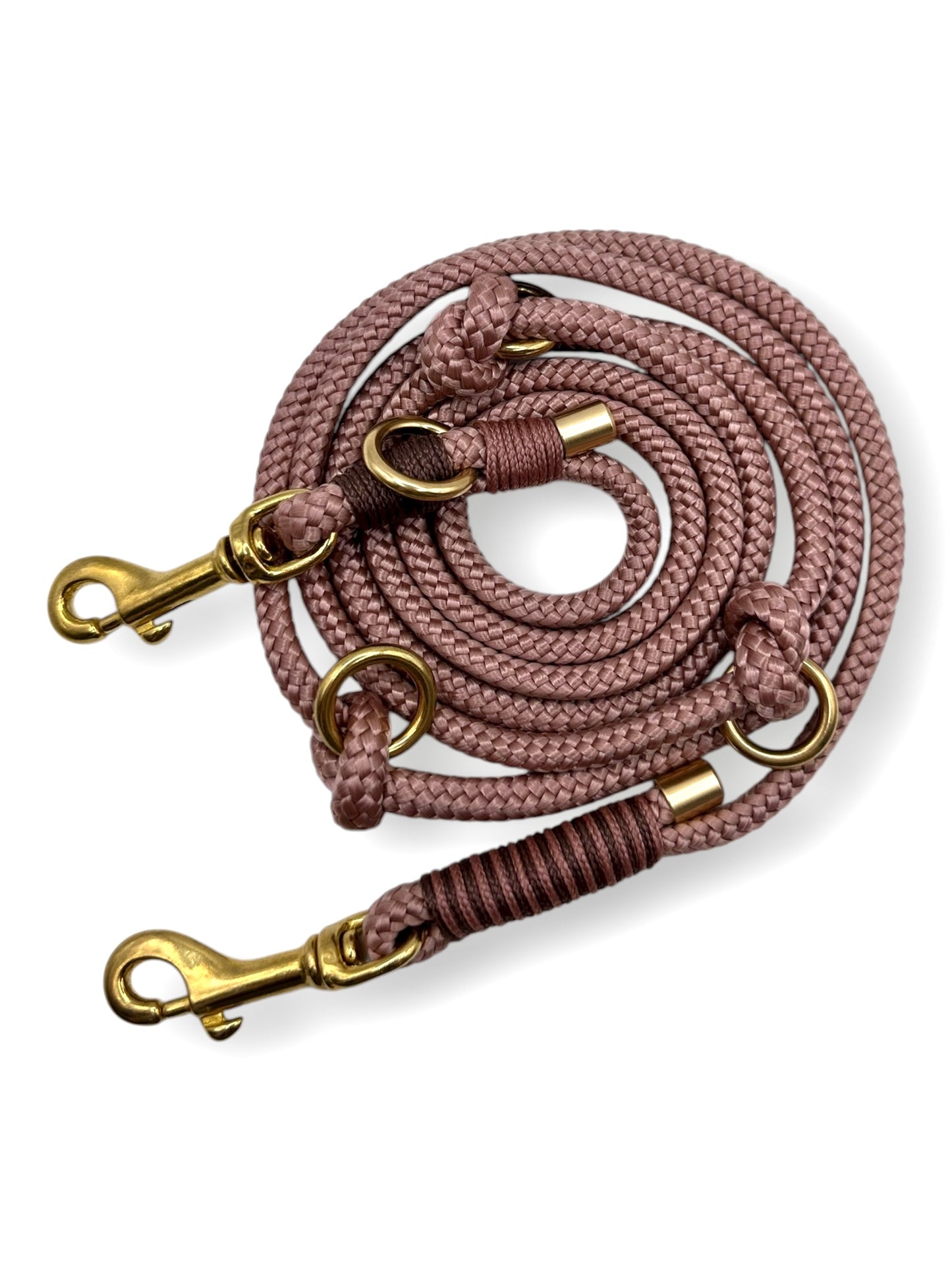 Hundeleine aus 8mm starken Tau in der Farbe Kupferrosa mit braunen Details. Goldene Beschläge. Herbst Leine in herbstlichen Farben. Draufsicht