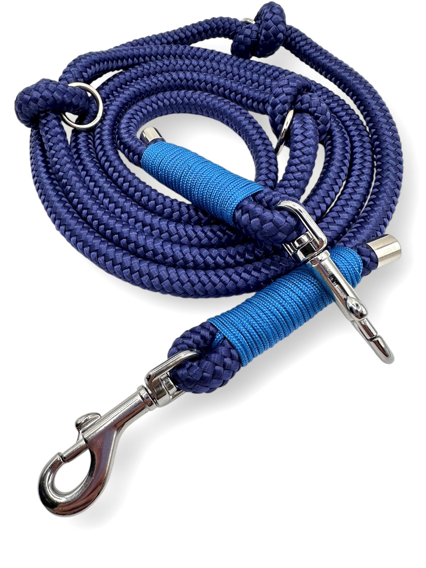 Hundeleine aus Tau in herbstlichen Blau. Dunkelblaue Leine mit Lapis blauem und silbernen Details