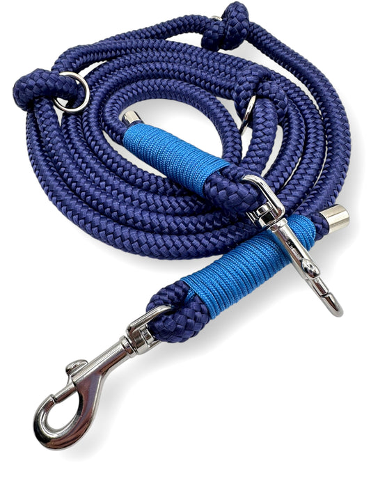 Hundeleine aus Tau in herbstlichen Blau. Dunkelblaue Leine mit Lapis blauem und silbernen Details