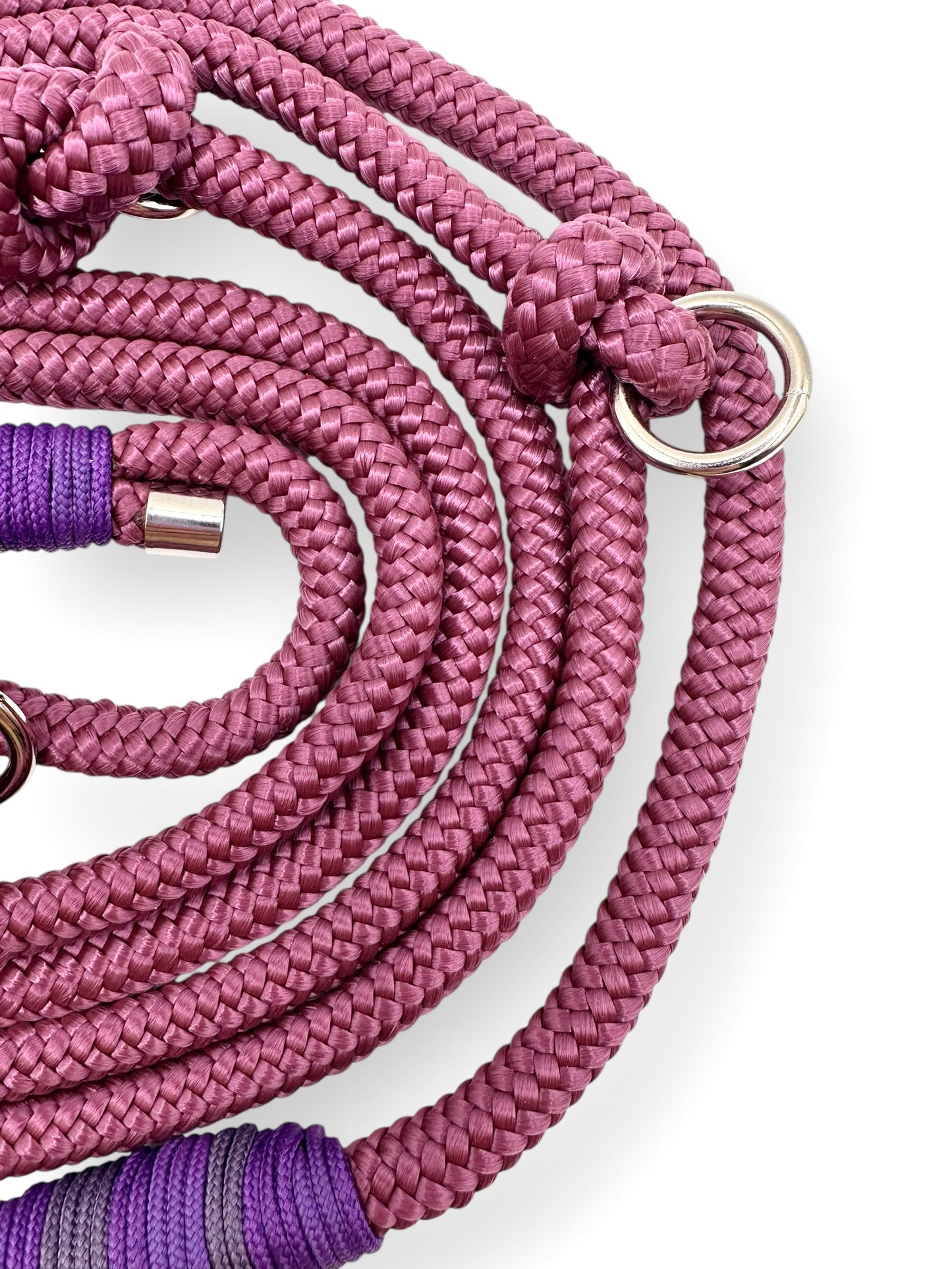 Hundeleine aus Tau in dunkelrot mit lila Details. Für alle hunde geeigent, da anpassbr und Personalisierbar.