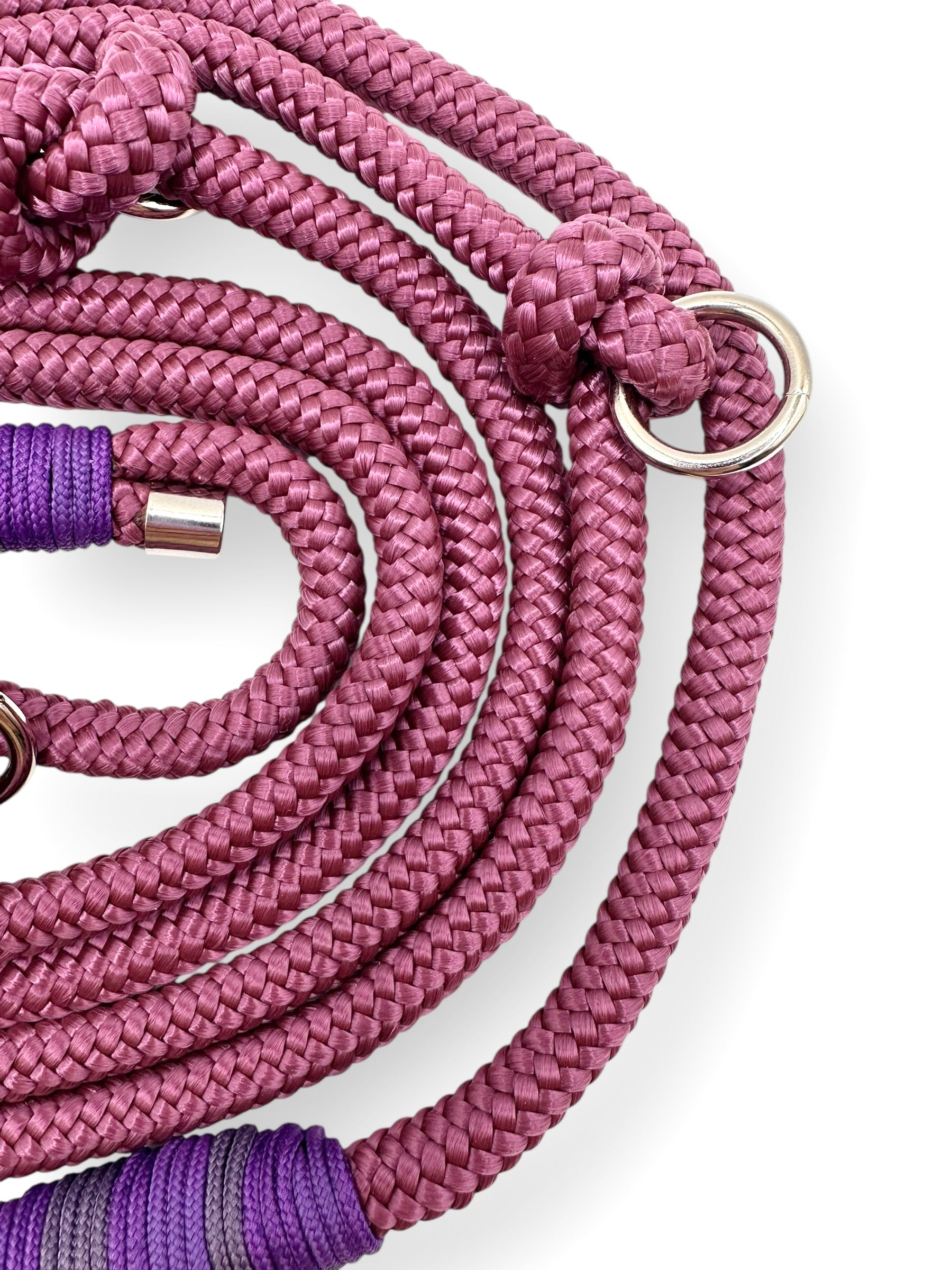 Hundeleine aus Tau in dunkelrot mit lila Details. Für alle hunde geeigent, da anpassbr und Personalisierbar.