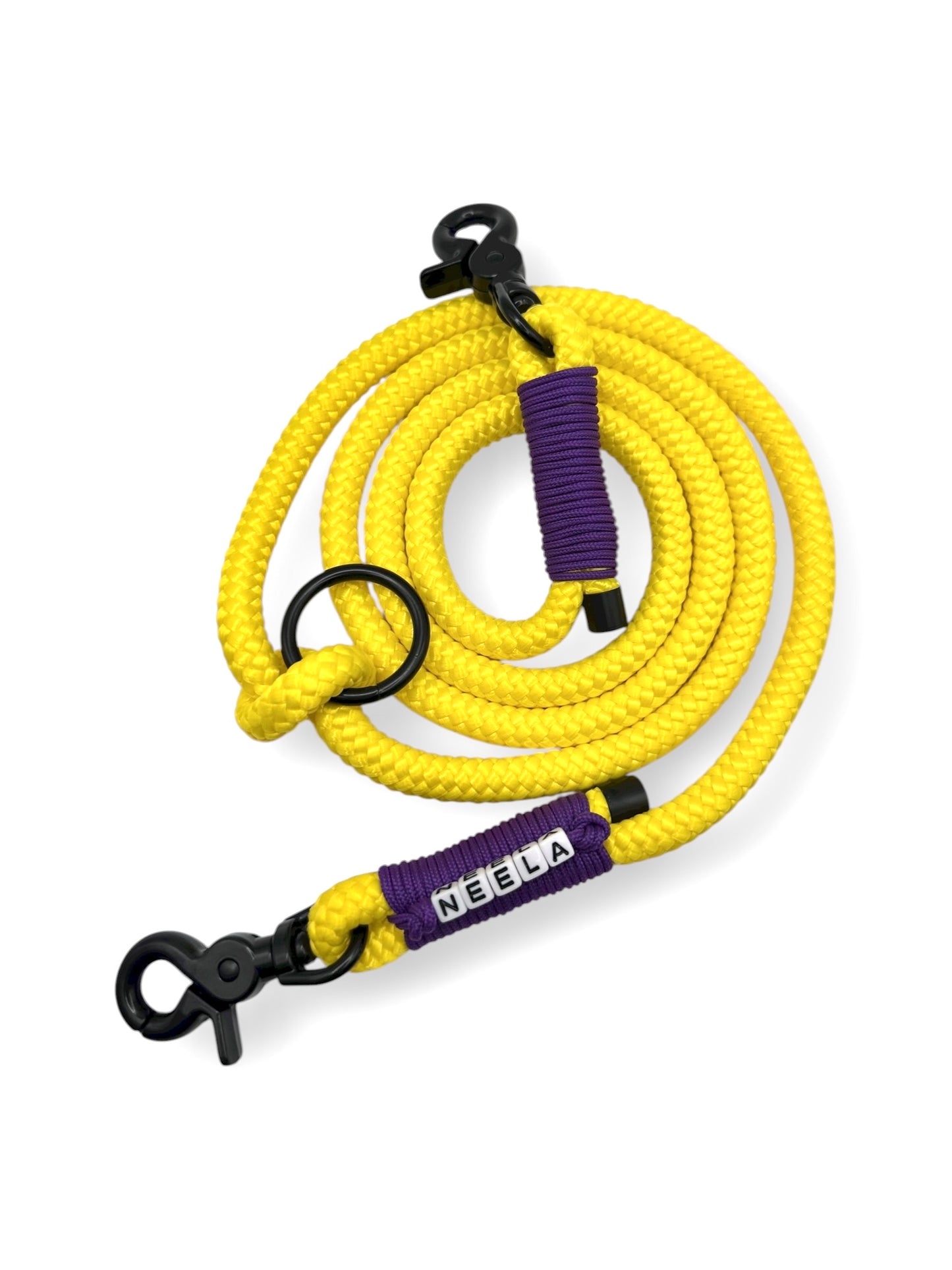 Hundeleine aus Tau in gelb mit lila und schwarzen details. 10mm stark Draufsicht