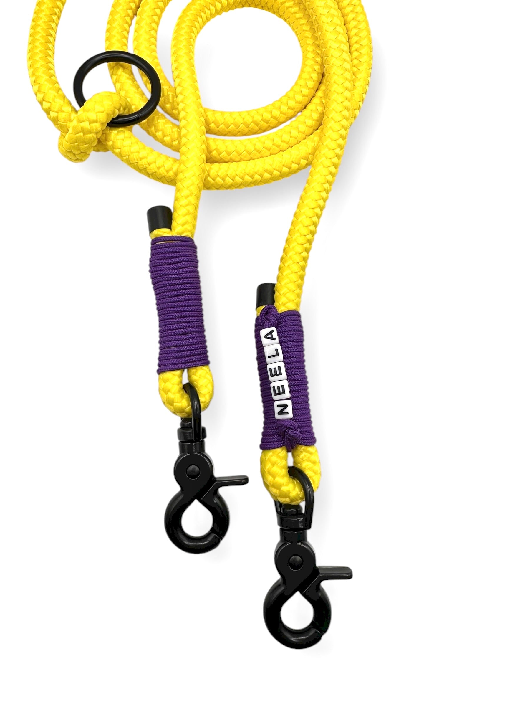Hundeleine aus Tau in gelb mit lila und schwarzen details. 10mm stark 