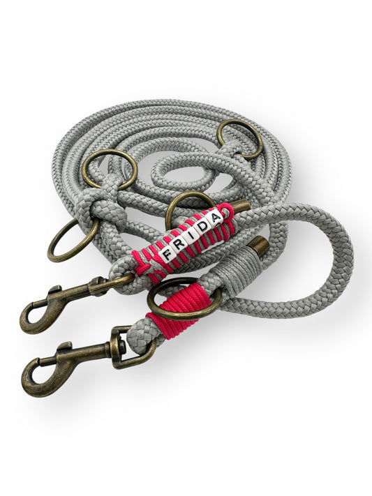 Hundeleine aus Tau in cement grau mit very Berry Details Gesamtansicht