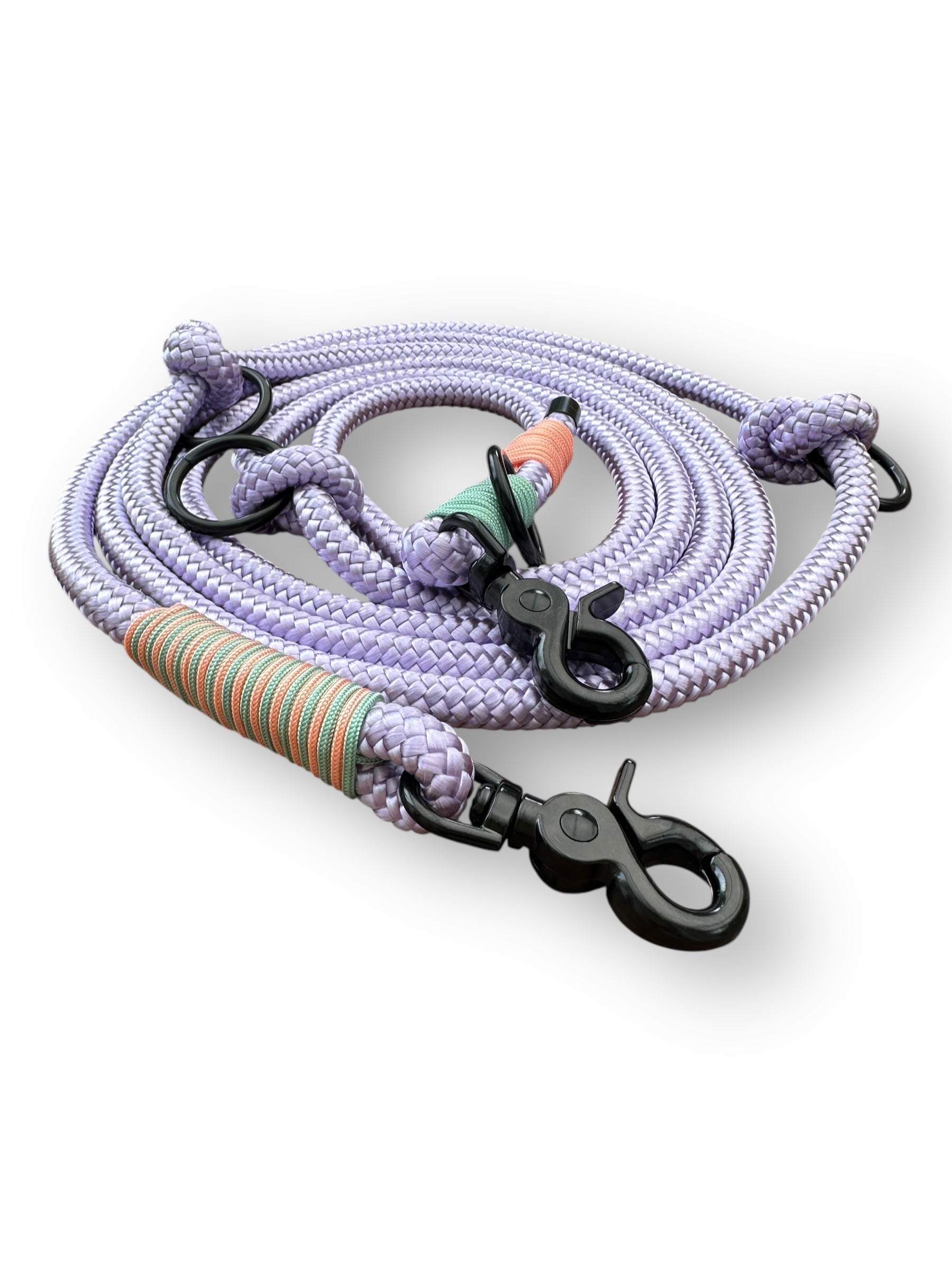 Hundeleine aus 10mm starken Tau in lila mit mint und blond orange Details