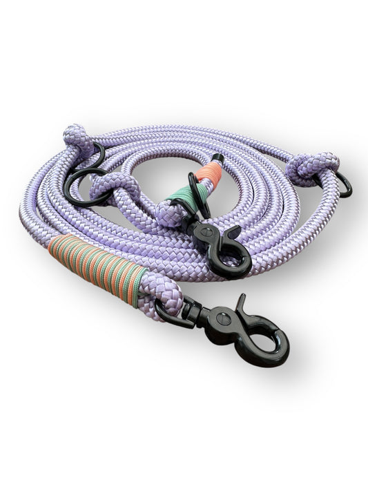 Hundeleine aus 10mm starken Tau in lila mit mint und blond orange Details