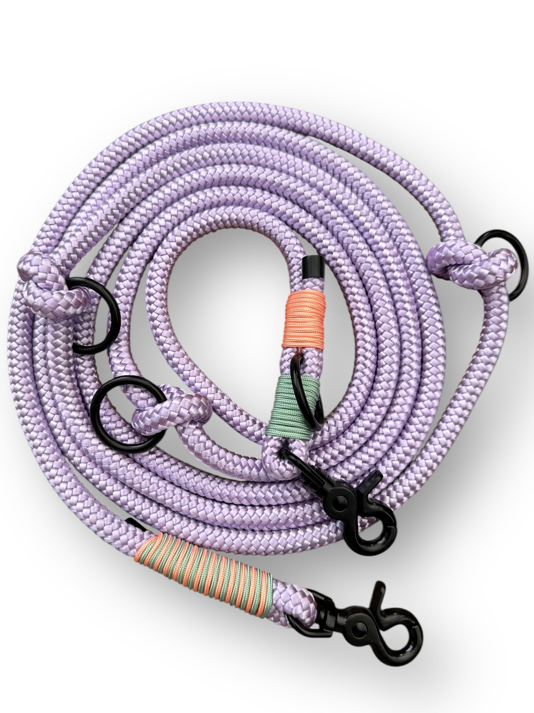 Hundeleine aus 10mm starken Tau in lila mit mint und blond orange Details - draufscht