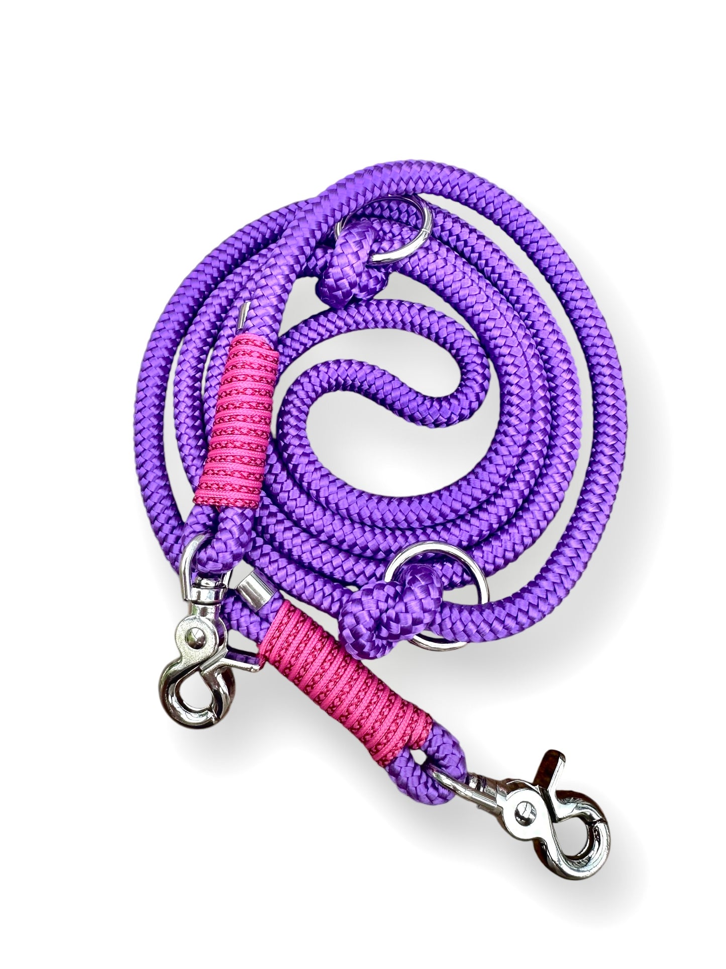Hundeleine aus 10mm starken Tau in acid lila und fuchsia Umwickelung - Draufsicht