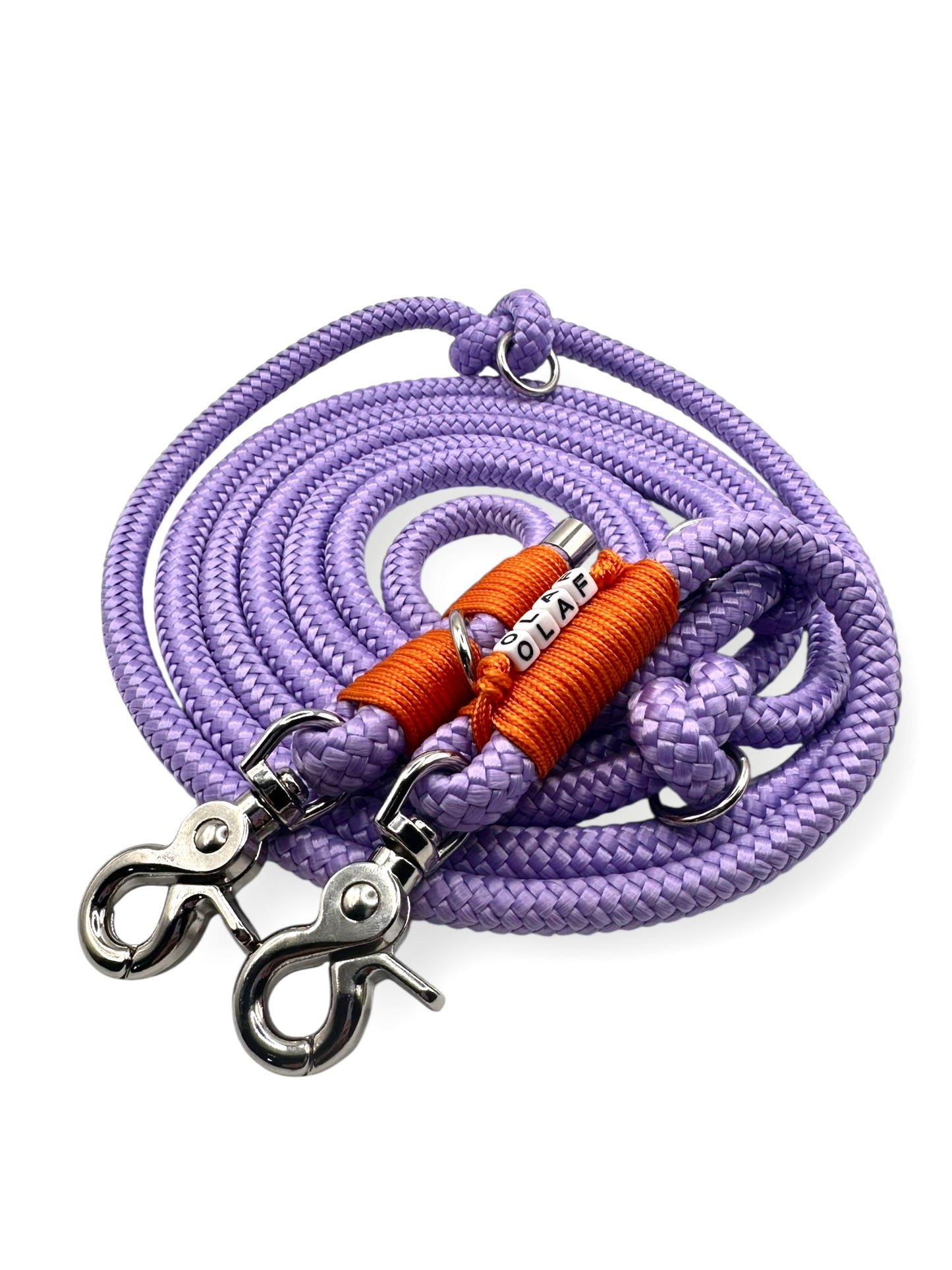 Hundeleine aus 10mm starken Tau in der Farbe bright lila und apricot orange - Draufsicht 