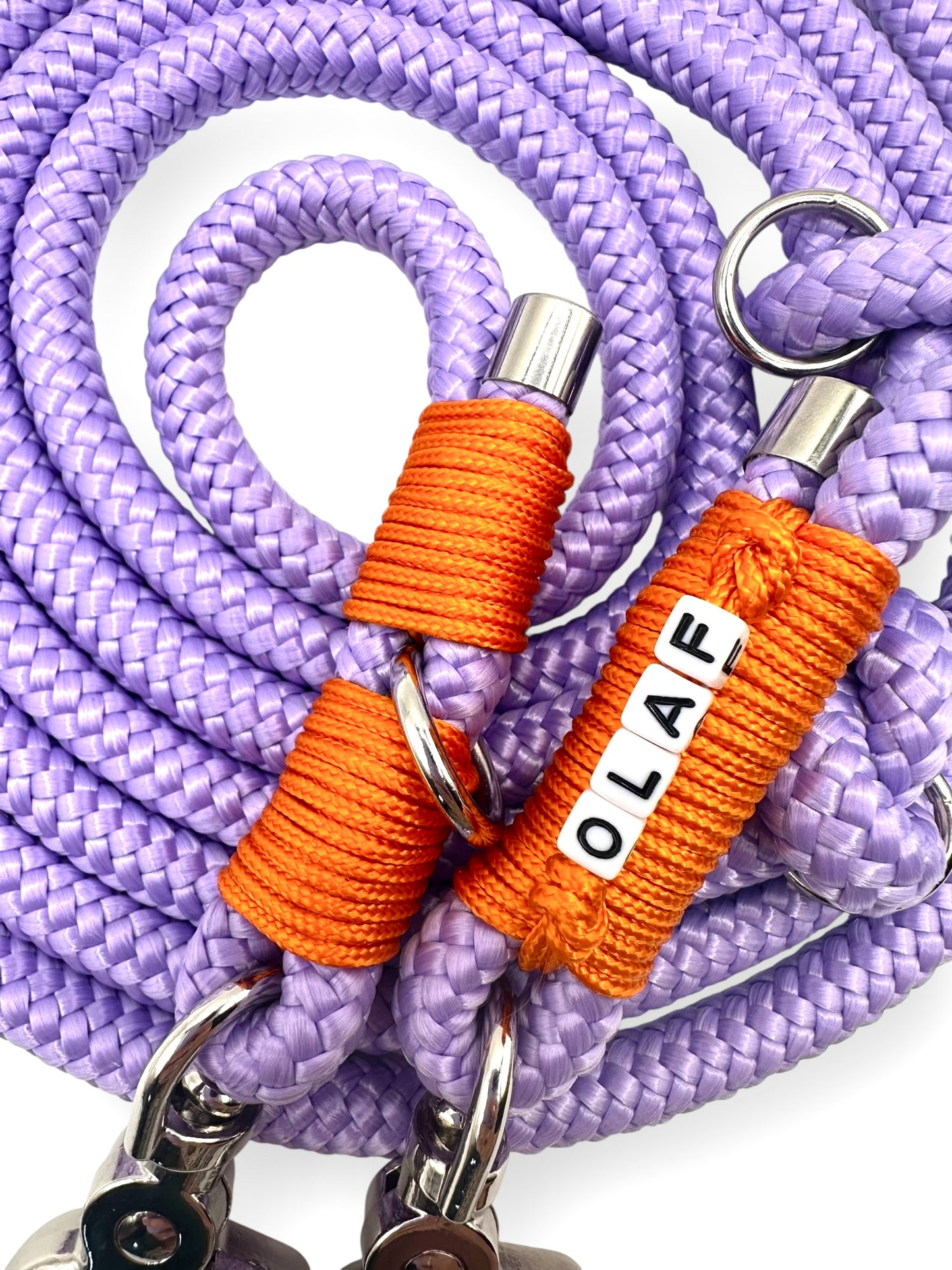 Hundeleine aus 10mm starken Tau in der Farbe bright lila und apricot orange - Umwickelung 