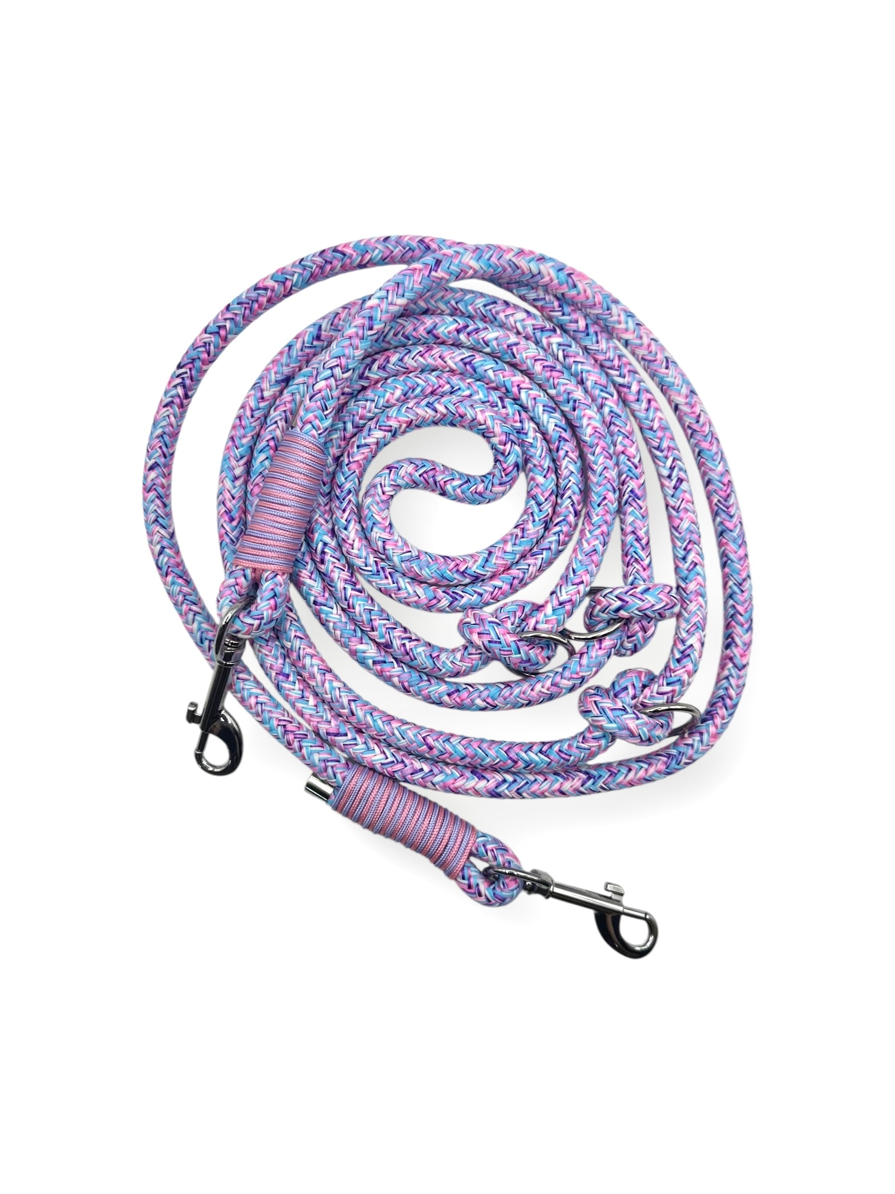 Hundeleine aus 10mm starken Tau in der Farbe Littel Pony und pale Lavendel, Rose rosa Details - Draufsicht