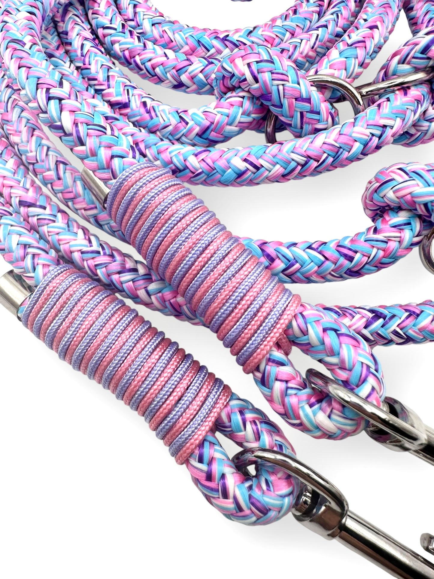 Hundeleine aus 10mm starken Tau in der Farbe Littel Pony und pale Lavendel, Rose rosa Details - Umwckelung
