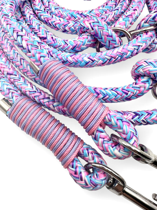 Hundeleine aus 10mm starken Tau in der Farbe Littel Pony und pale Lavendel, Rose rosa Details - Umwckelung