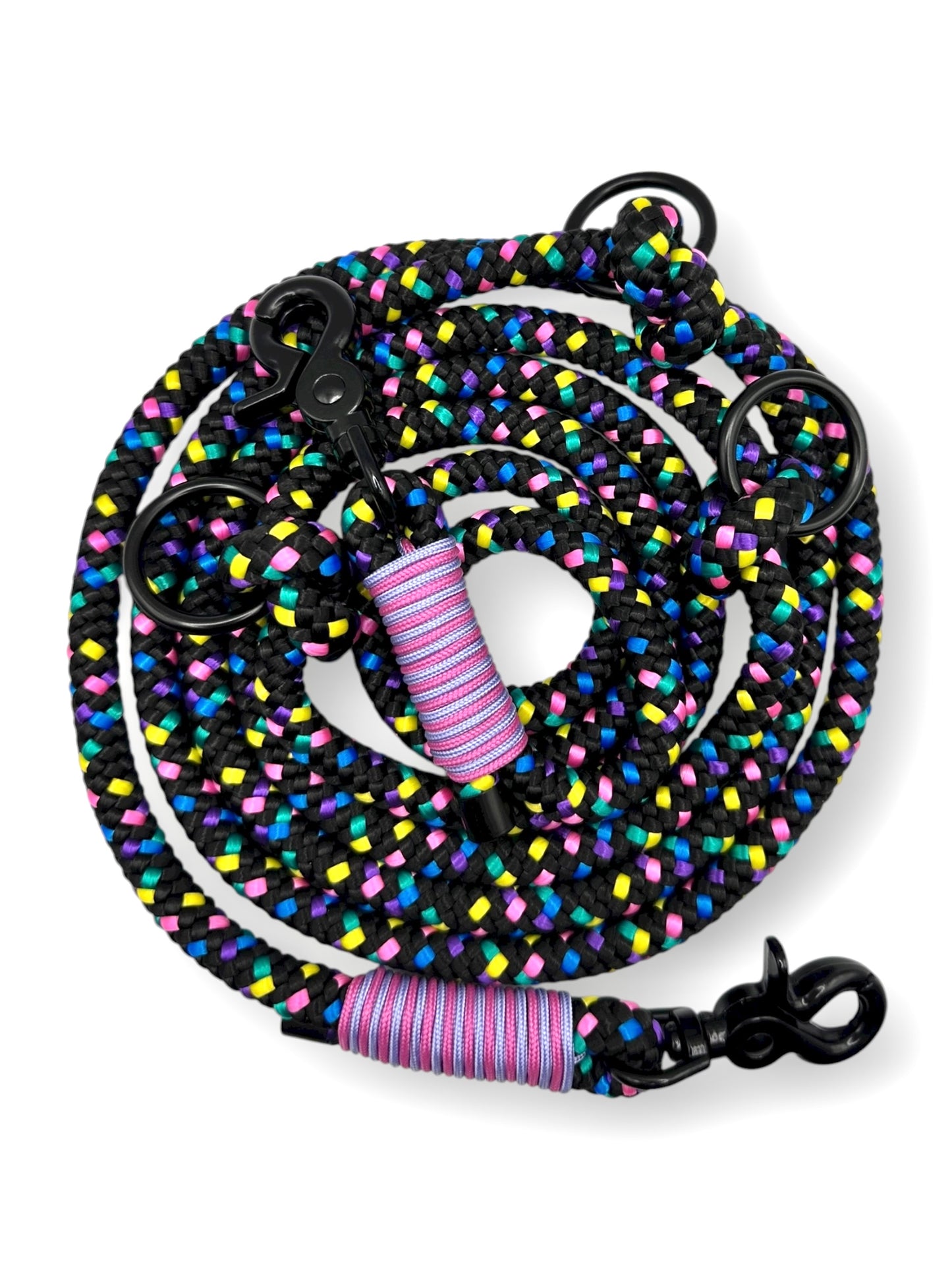Hundeleine aus 10mm starken Tau. In schwarz mit bunten Details - gelb, blau, lila, rosa und grün. Draufsicht