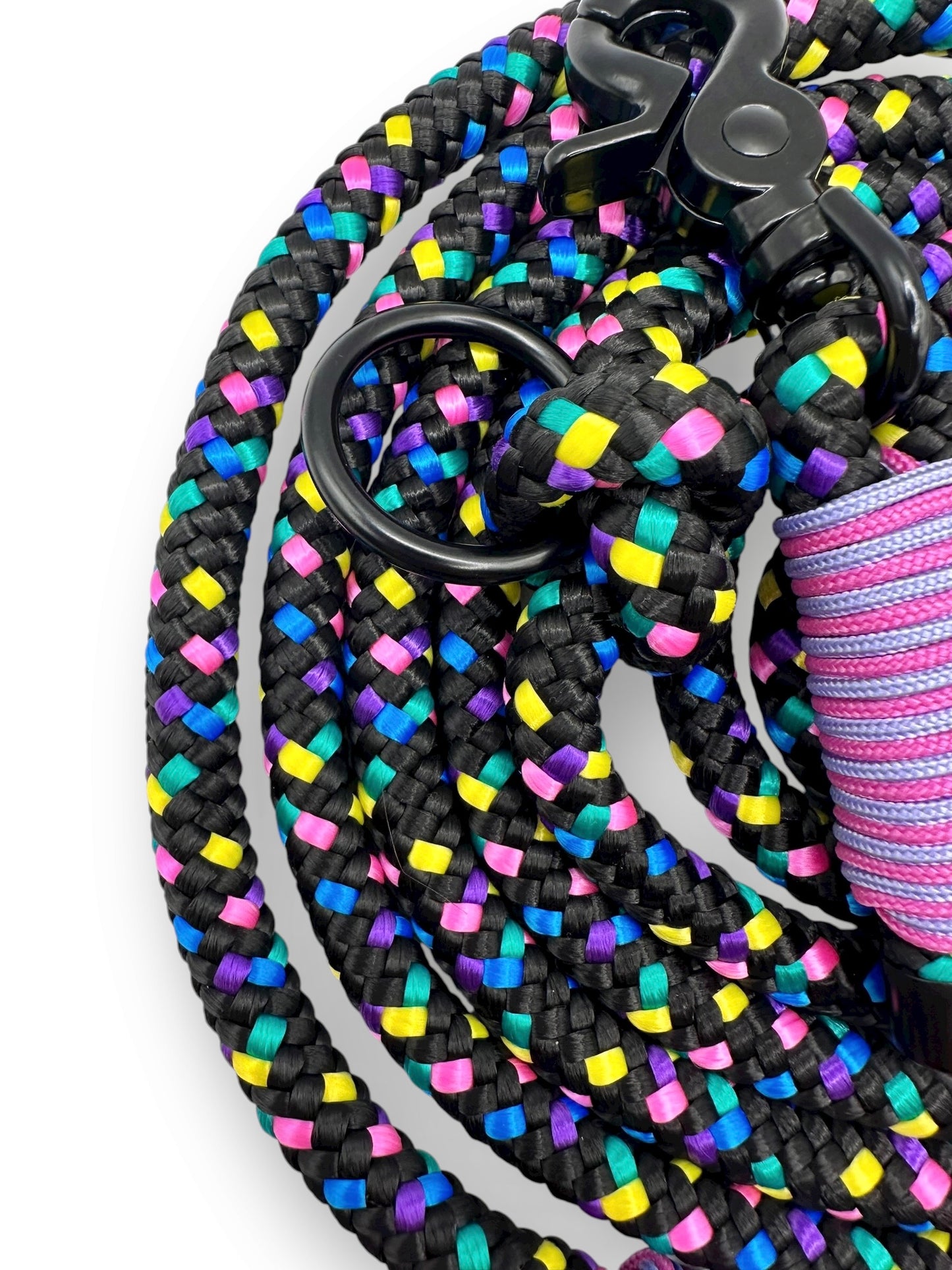 Hundeleine aus 10mm starken Tau. In schwarz mit bunten Details - gelb, blau, lila, rosa und grün. Nahaufnahme seil
