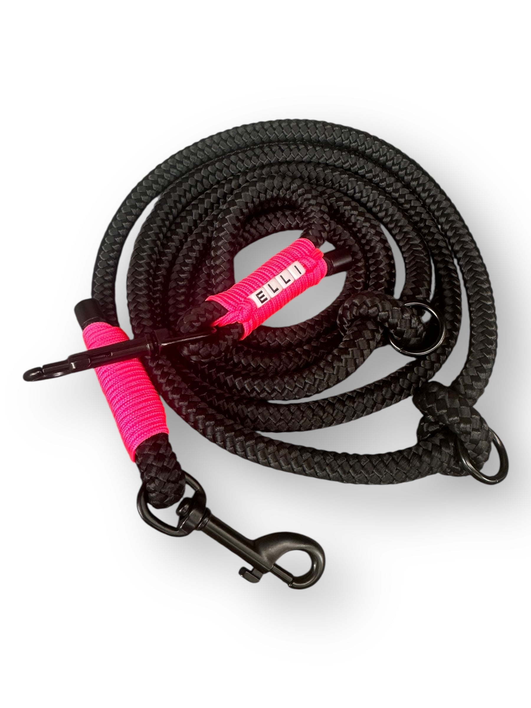 Hundeleine aus 10mm starken Tau in der Farbe schwarz mit neon rosa Details gesamtansicht