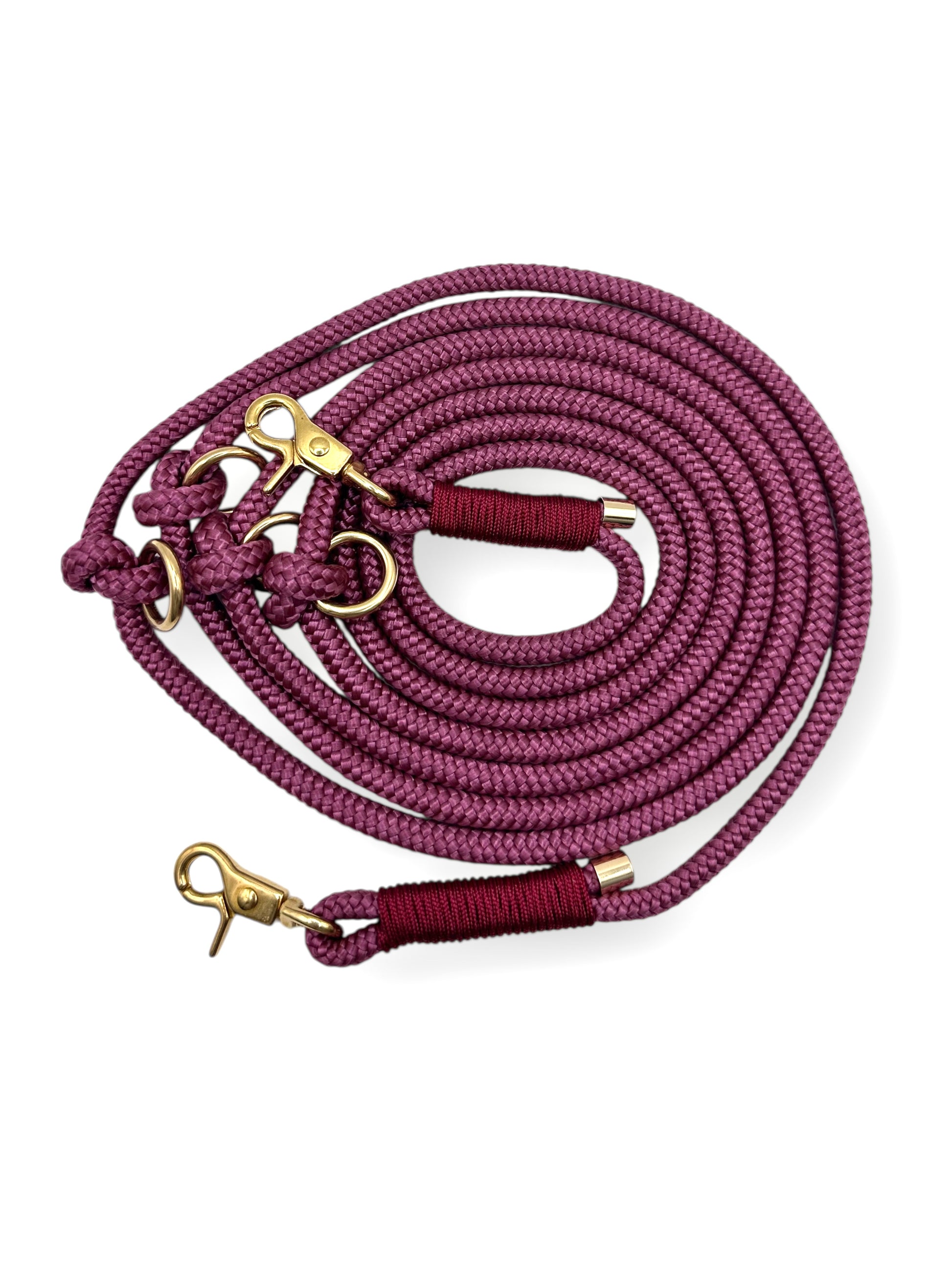 Tauleine für Hunde aus 8mm Seil in der Farbe Aubergine mit Bordeaux Details. Hundeleine in weinrot für alle Hunde geeignet, da sie an das Gewicht des Hundes angepasst wird.