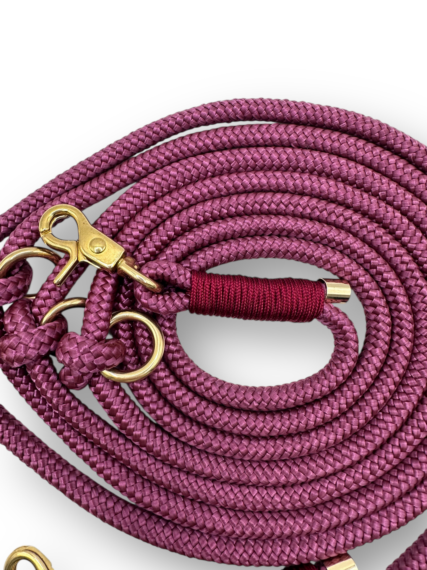Tauleine für Hunde aus 8mm Seil in der Farbe Aubergine mit Bordeaux Details. Hundeleine in weinrot für alle Hunde geeignet, da sie an das Gewicht des Hundes angepasst wird.