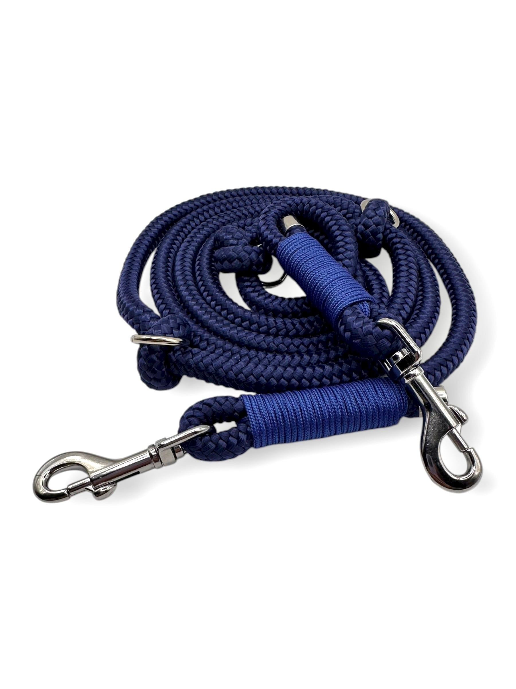 Hundeleine aus Tau in herbstlichen Blau. Dunkelblaue Leine mit Navy  blauen und silbernen Details - draufsicht