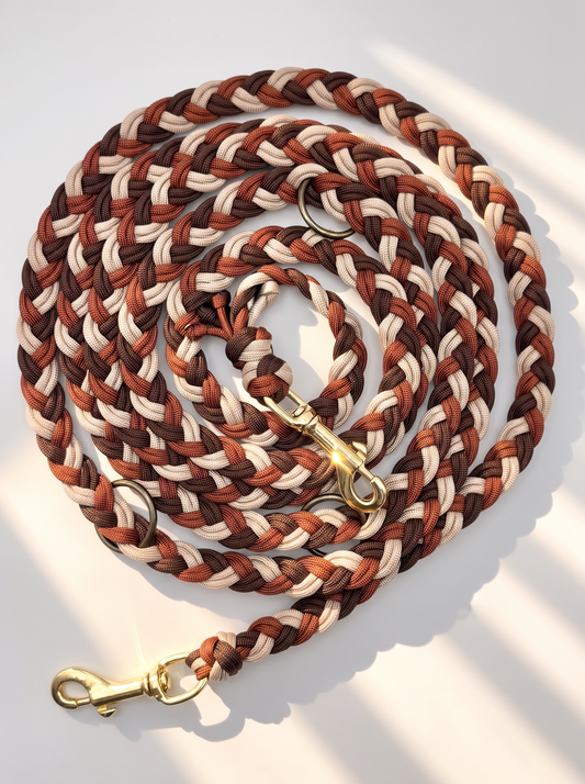 Hundeleine geflochten aus Paracord in Herbst Farben. Braun, cream, Rost. Mit goldenen Details. Handgefertigt und individuell anpassbar. Draufsicht 