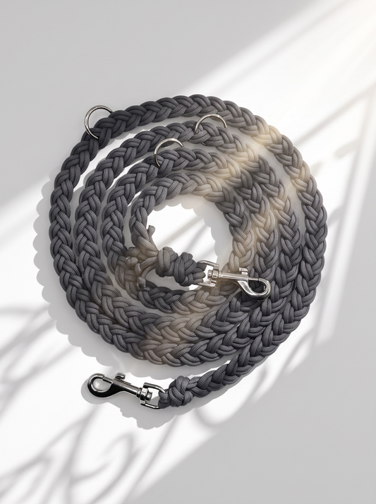 Hundeleine aus Paracord Typ 3 in grau geflochten mit silbernen Details. Handgefertigt und individuell anpassbar. Draufsicht 
