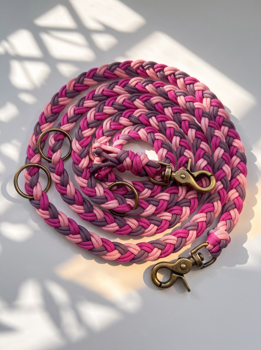 Hundeleine geflochten aus Parcord in den Farben Passion rosa, marvelous mauve & pastel Rosa Draufsicht 