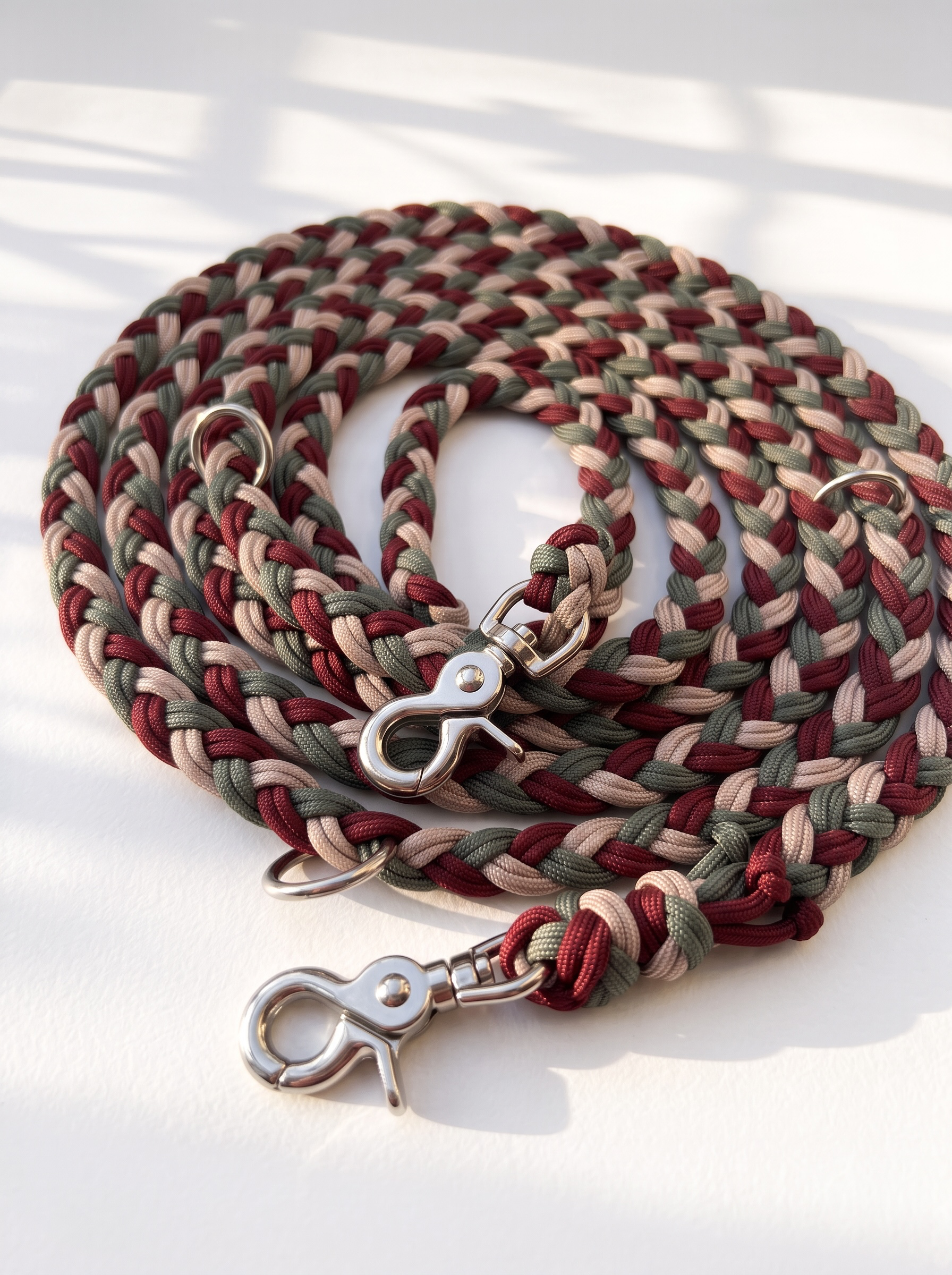 Hundeleine aus Paracord geflochten in grün, rot und beige. Handgefertigt und individuell anpassbar. Scherenkarabiner Silber 
