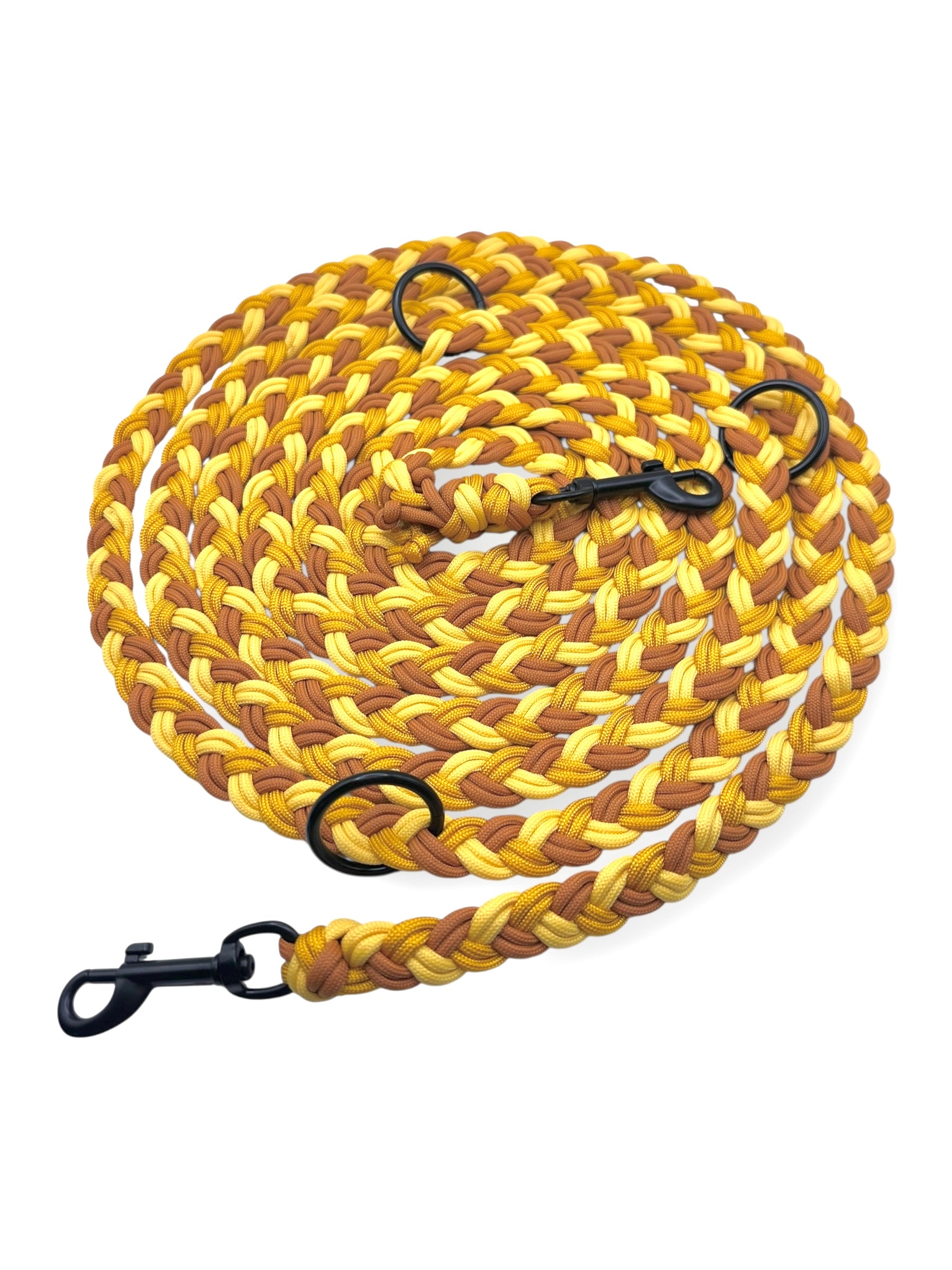 Hundeleine geflochten aus Paracord in gelb tönen soft gelb, mustard und Taxi gelb - draufsicht