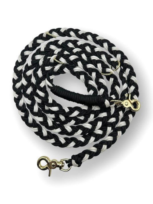 Hundeleine aus schwarzem und weißen Paracord Typ 3 geflochten mit goldenen Details in herbstlichen Farben 