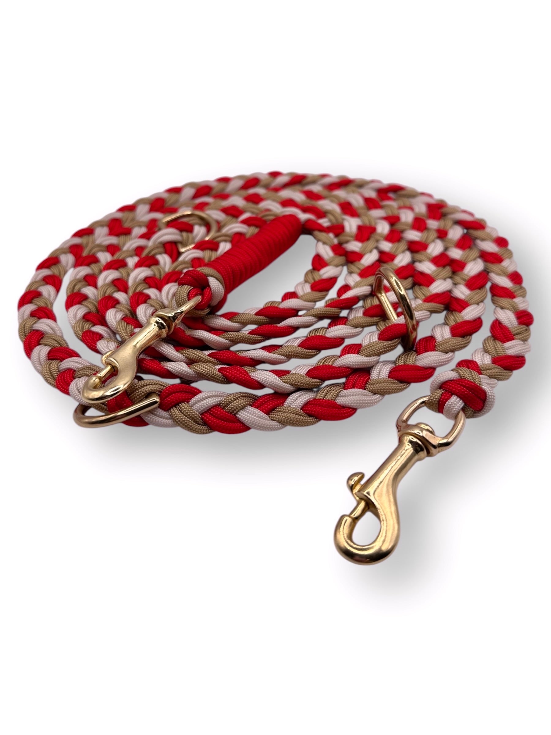 Hundeleine klassisch Winter. Geflochten aus Paracord Typ 3 in winterlichen Farben - Rot, Cream (weiß) & Gold. Perfekt als Weihnachtsgeschenk geeignet. Für kleine, mittlere und große hunde