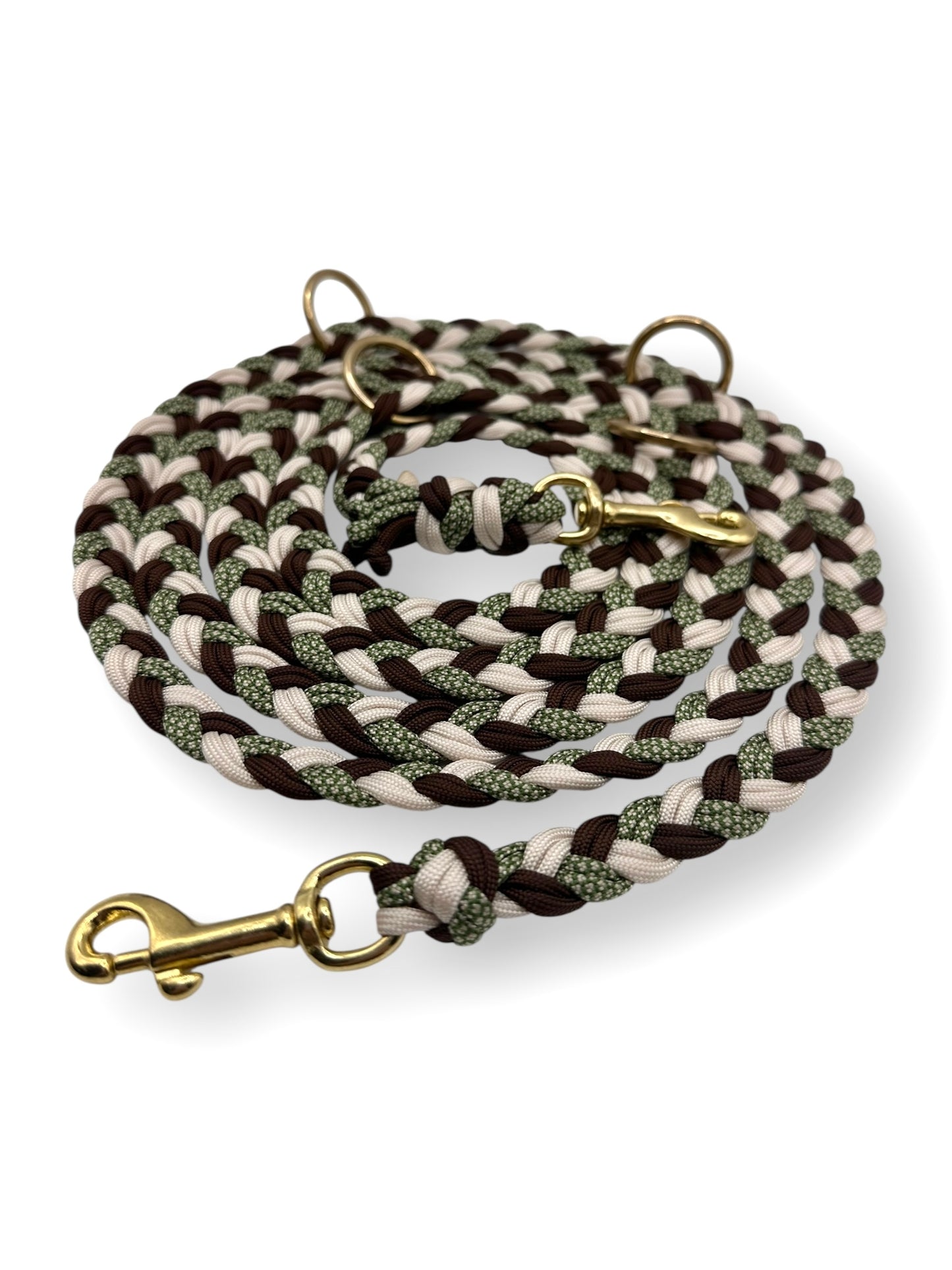 Hundeleine geflochten aus Paracord Typ 3 in herbstlichen Farben, Cream, Beige, Braun und grün. Goldene Beschläge - personalisierbar 