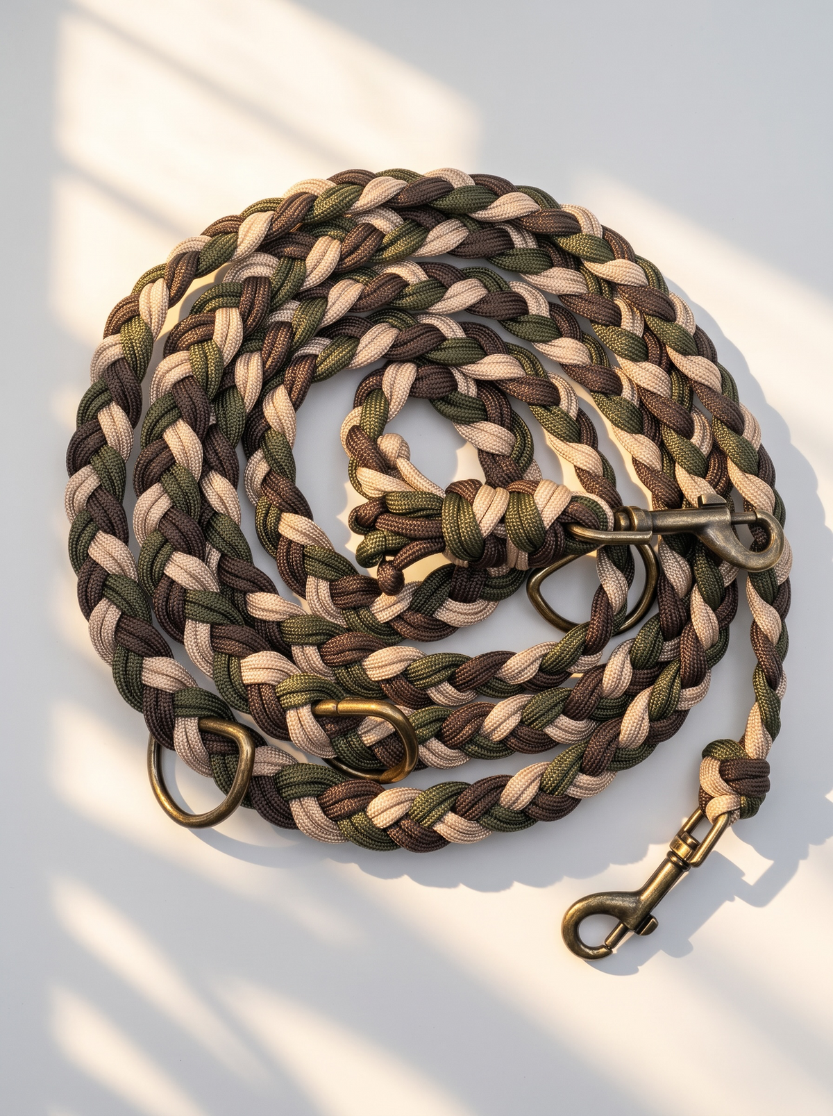 Paracordleine geflochtene Hundeleine in grün, beige und braun. Herbstliche Farben und perfektes Weihnachtsgeschenk für alle Hunde Liebhaber. Für jede Größe geeignet da sie an das Gewicht des Hundes angepasst wird. Draufsicht 