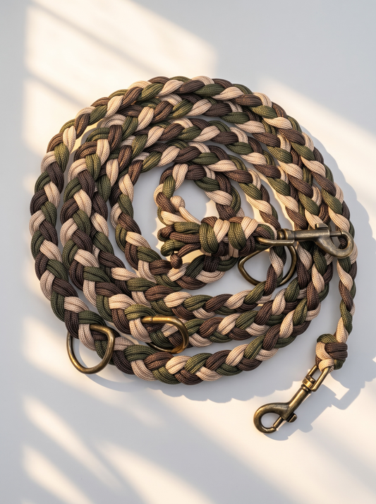 Paracordleine geflochtene Hundeleine in grün, beige und braun. Herbstliche Farben und perfektes Weihnachtsgeschenk für alle Hunde Liebhaber. Für jede Größe geeignet da sie an das Gewicht des Hundes angepasst wird. Draufsicht 