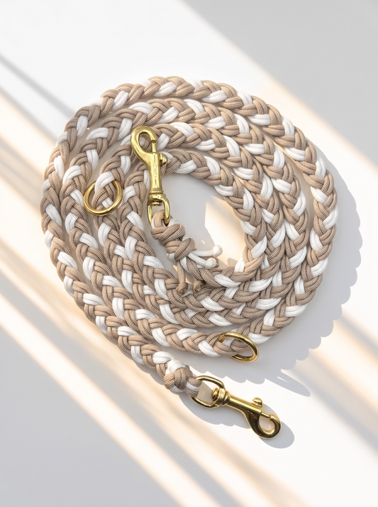 Hundeleine geflochten aus Paracord Typ 3 in snow weiß und Café Latte beige mit goldenen Details Gesamtansicht