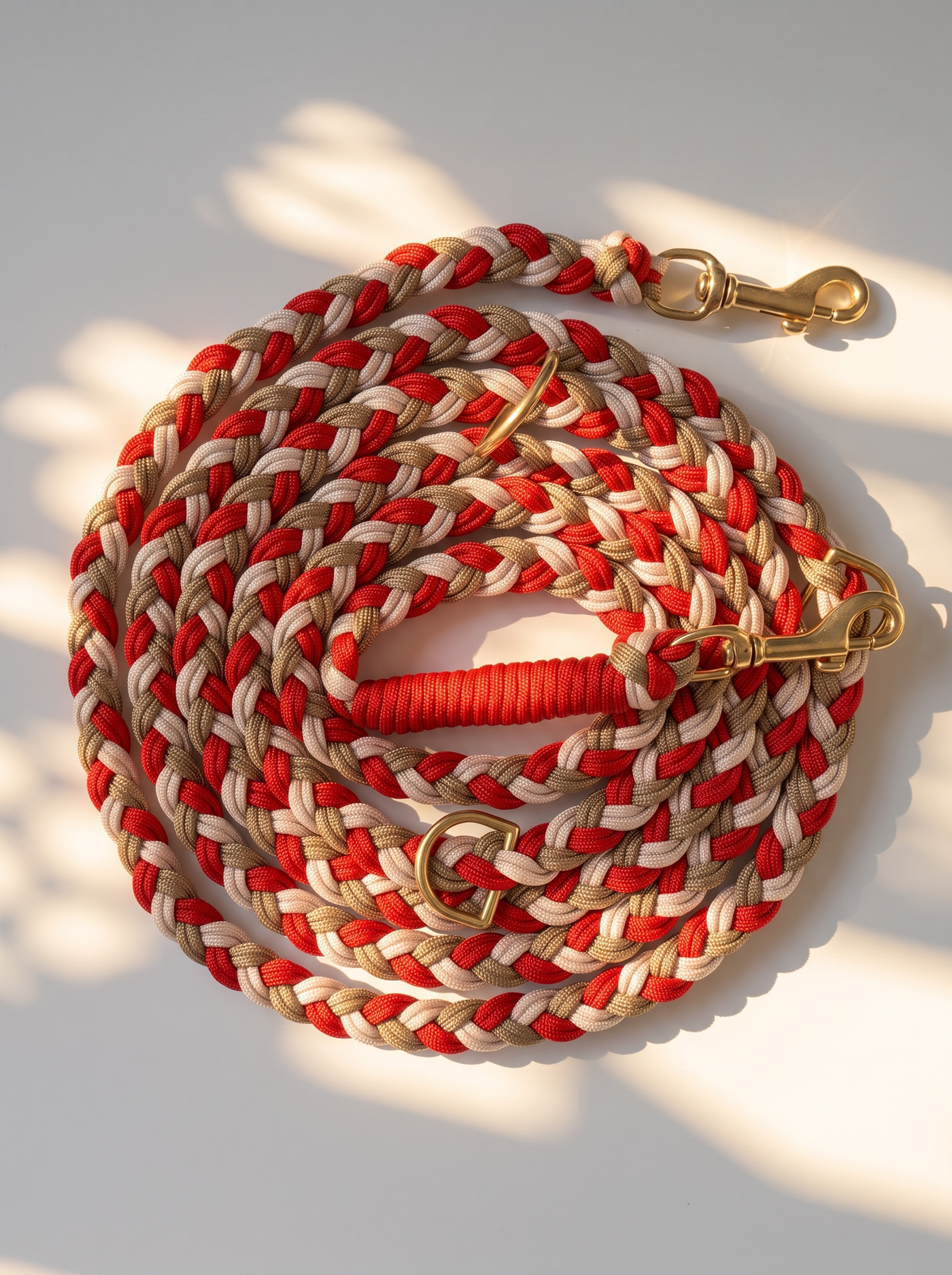 Hundeleine in den Farben: Rot, Gold und Cream. Mit Messing Beschlägen. Geeignet für kleine, mittlere und große Hunde, da die Leine komplett personalisierbar ist. Draufsicht 