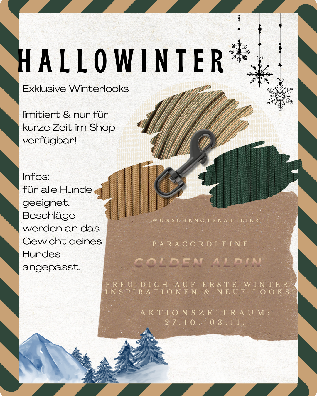 Hundeleine golden alpin Winter Edition limitiert. Geflochtene Leine aus Paracord in alpin grün, golden Cooper und Gold braun.