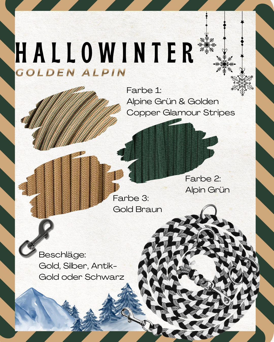 Hundeleine golden alpin Winter Edition limitiert. Geflochtene Leine aus Paracord in alpin grün, golden Cooper und Gold braun.