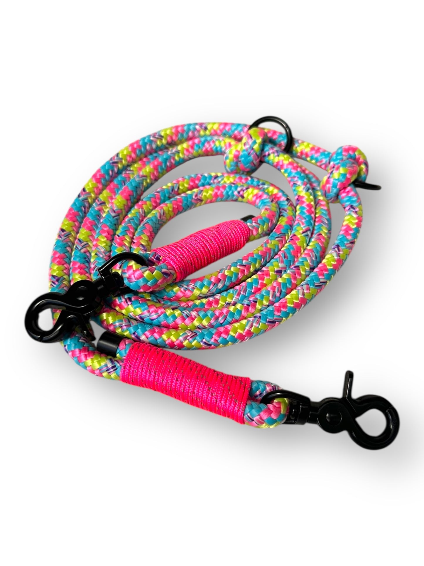 Hundeleine aus 10mm dickem Tau aus dem Seil bubble gum in bunten Farben mit neon rosa reflektierenden Details - Draufsicht